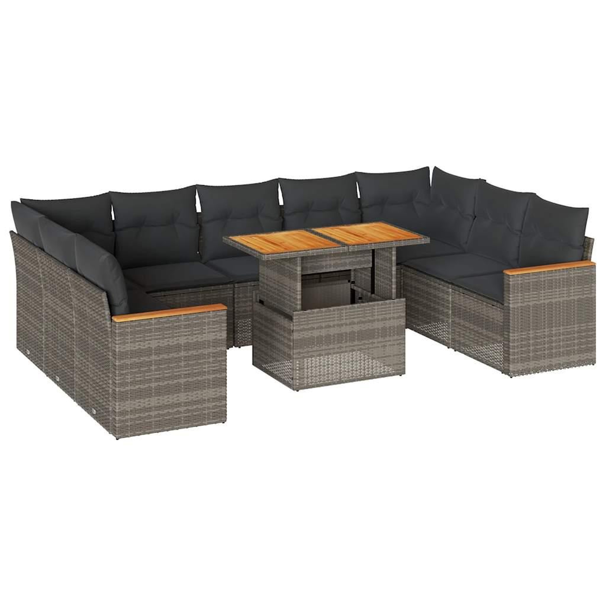 Voir la diapositive 2 : VIDAXL Salon de jardin avec coussins 10 pcs gris resine tressee acacia