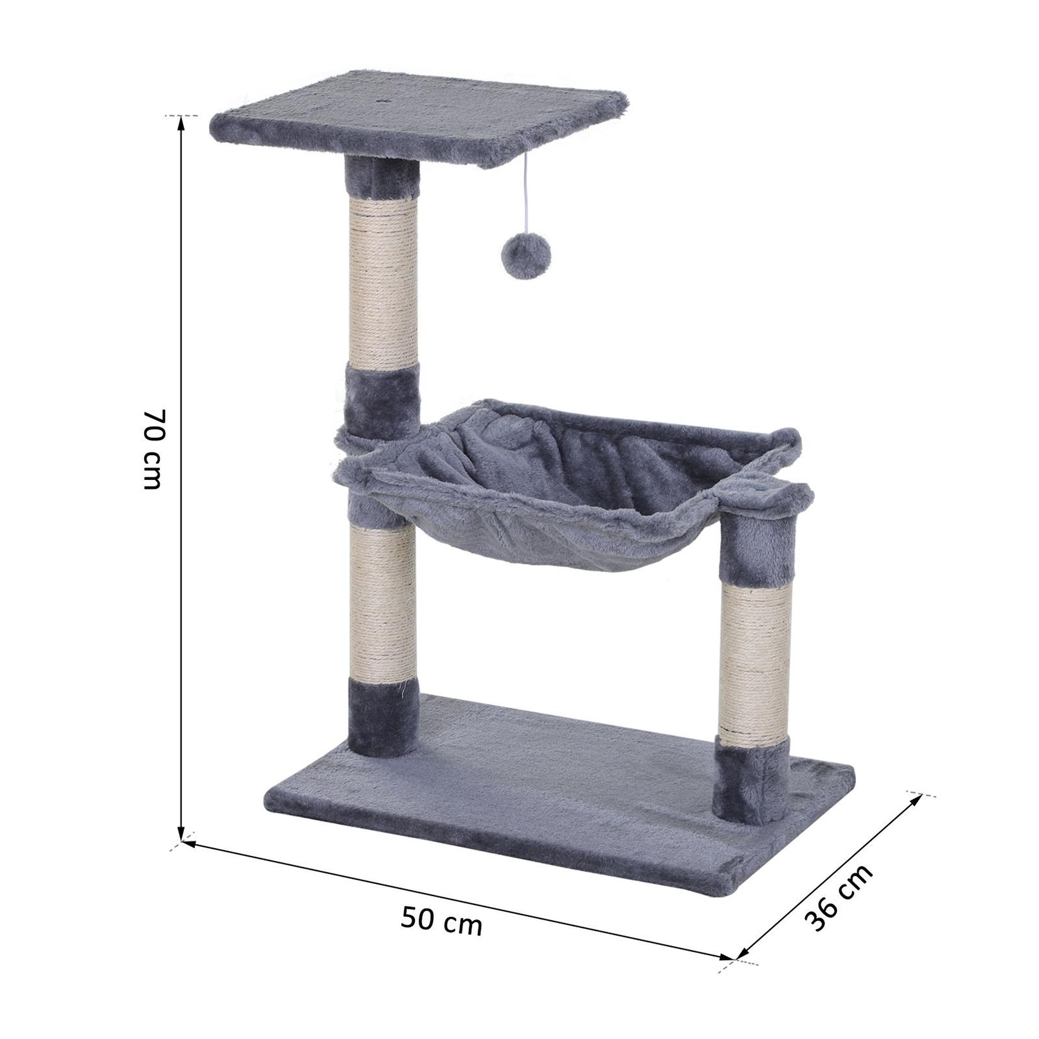 Voir la diapositive 3 : PAWHUT Arbre à chat 3 griffoirs grattoirs sisal naturel plateforme hamac et boule suspendue dim. 50l x 36l x 70h cm peluche haute densité 220 g/m² gris
