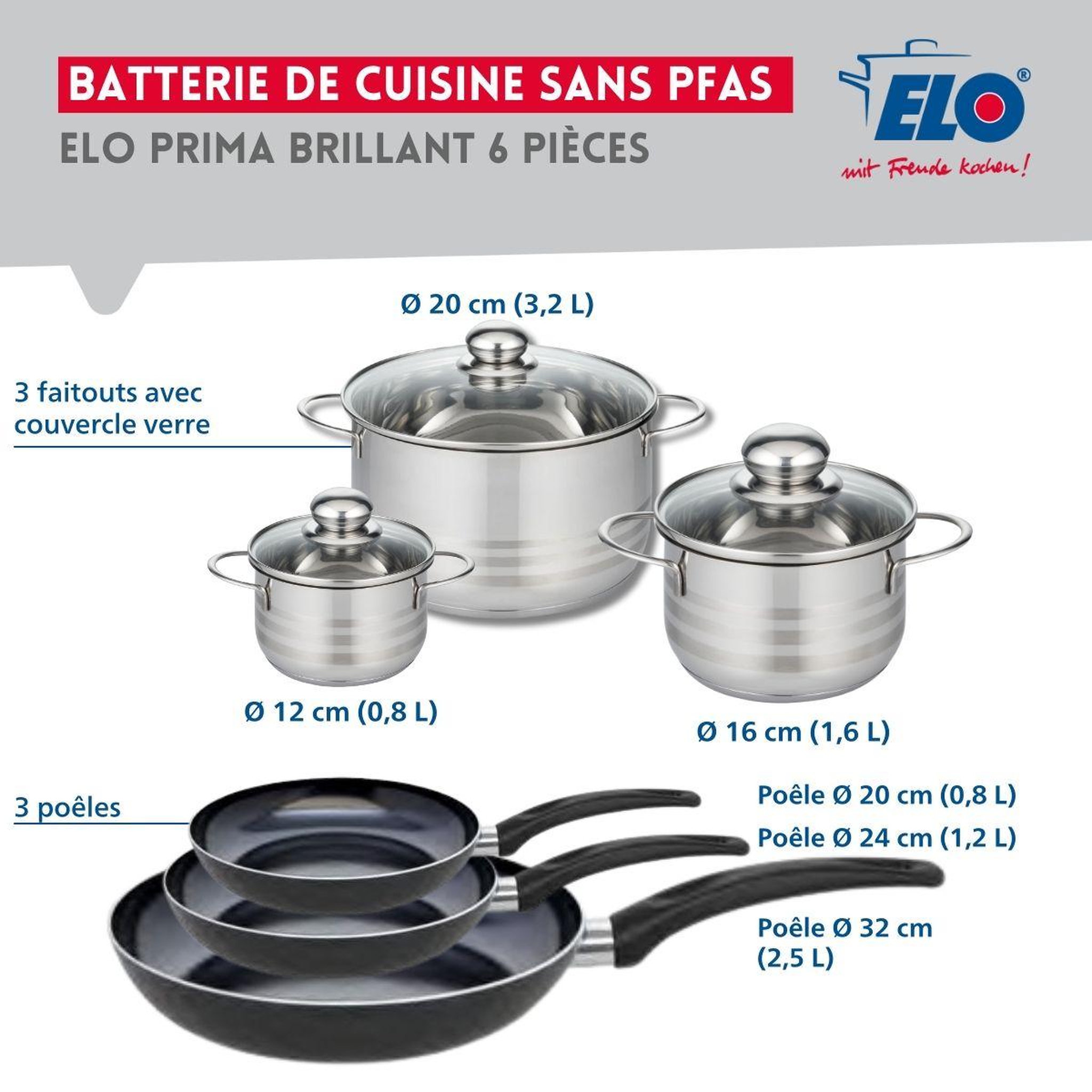 Voir la diapositive 2 : ELO Ensemble de 3 poêles de cuisson 20, 24 et 32 cm et 3 faitouts 12, 16 et 20 cm elo prima brillant