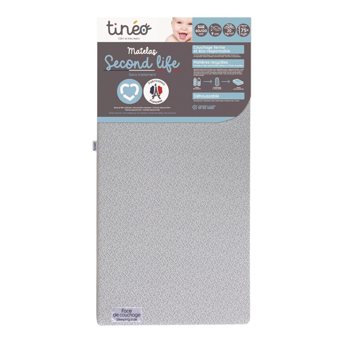 TINEO Matelas bébé en fibres recyclées 60x120 cm déhoussable SECOND LIFE