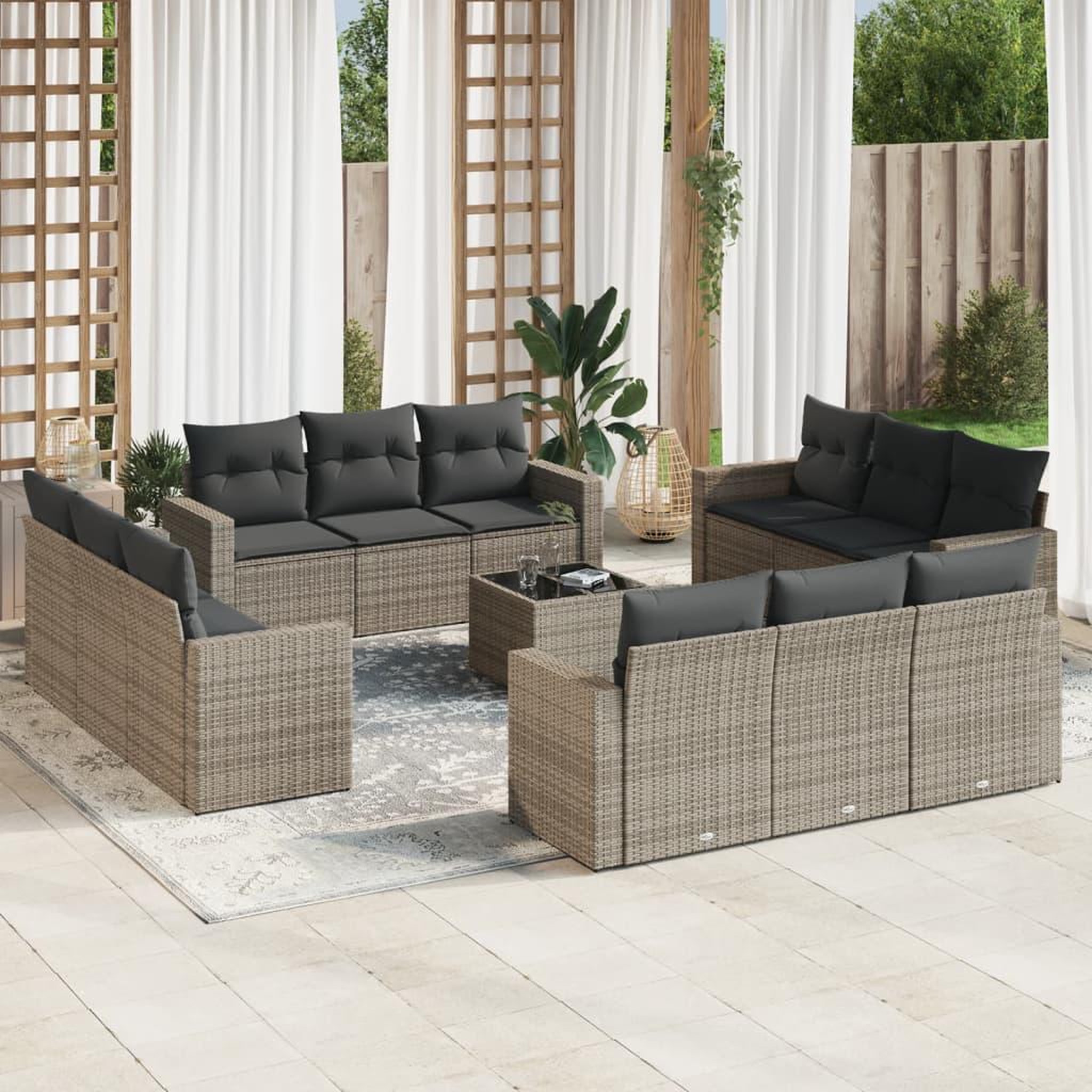 VIDAXL Salon de jardin avec coussins 13 pcs gris resine tressee