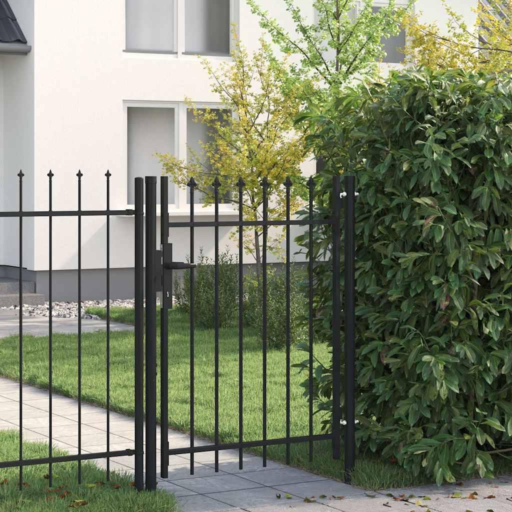 Voir la diapositive 2 : VIDAXL Portail de cloture BOXTEL a une porte avec pointes superieures, acier 1 x 1,2 m, noir