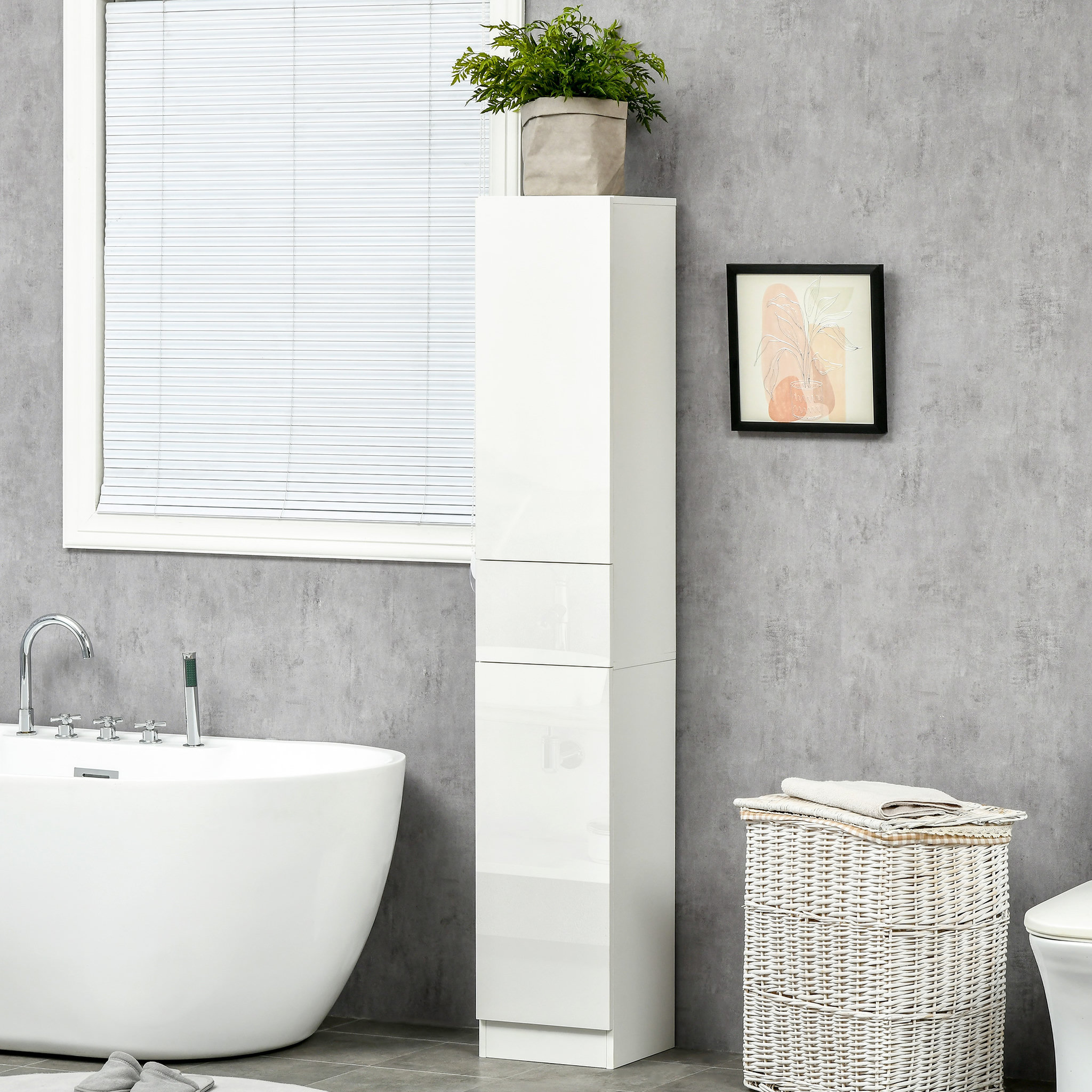 Voir la diapositive 2 : KLEANKIN Meuble colonne rangement salle de bain style contemporain façade laquée 2 portes 3 étagères tiroir panneaux MDF blanc