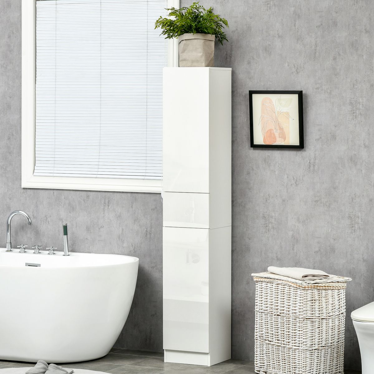 KLEANKIN Meuble colonne rangement salle de bain style contemporain façade laquée 2 portes 3 étagères tiroir panneaux MDF blanc