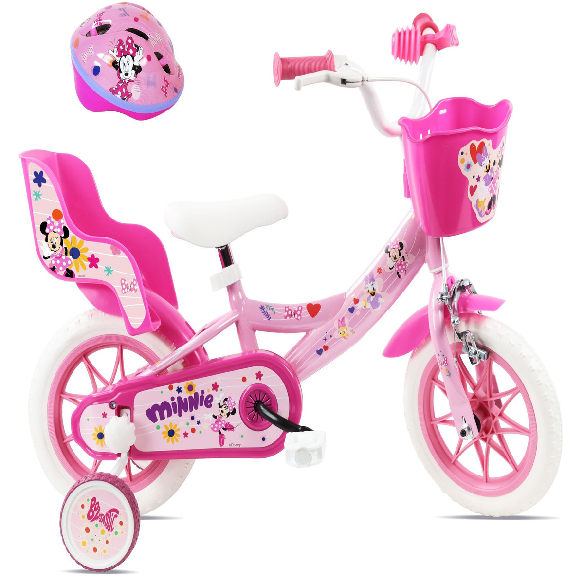 Disney Minnie Vélo enfant 12'' Minnie / Disney Fille ( taille < 90/95 cm ), Rose & Blanc, équipé d'un porte-poupée, panier avant + Casque Minnie !
