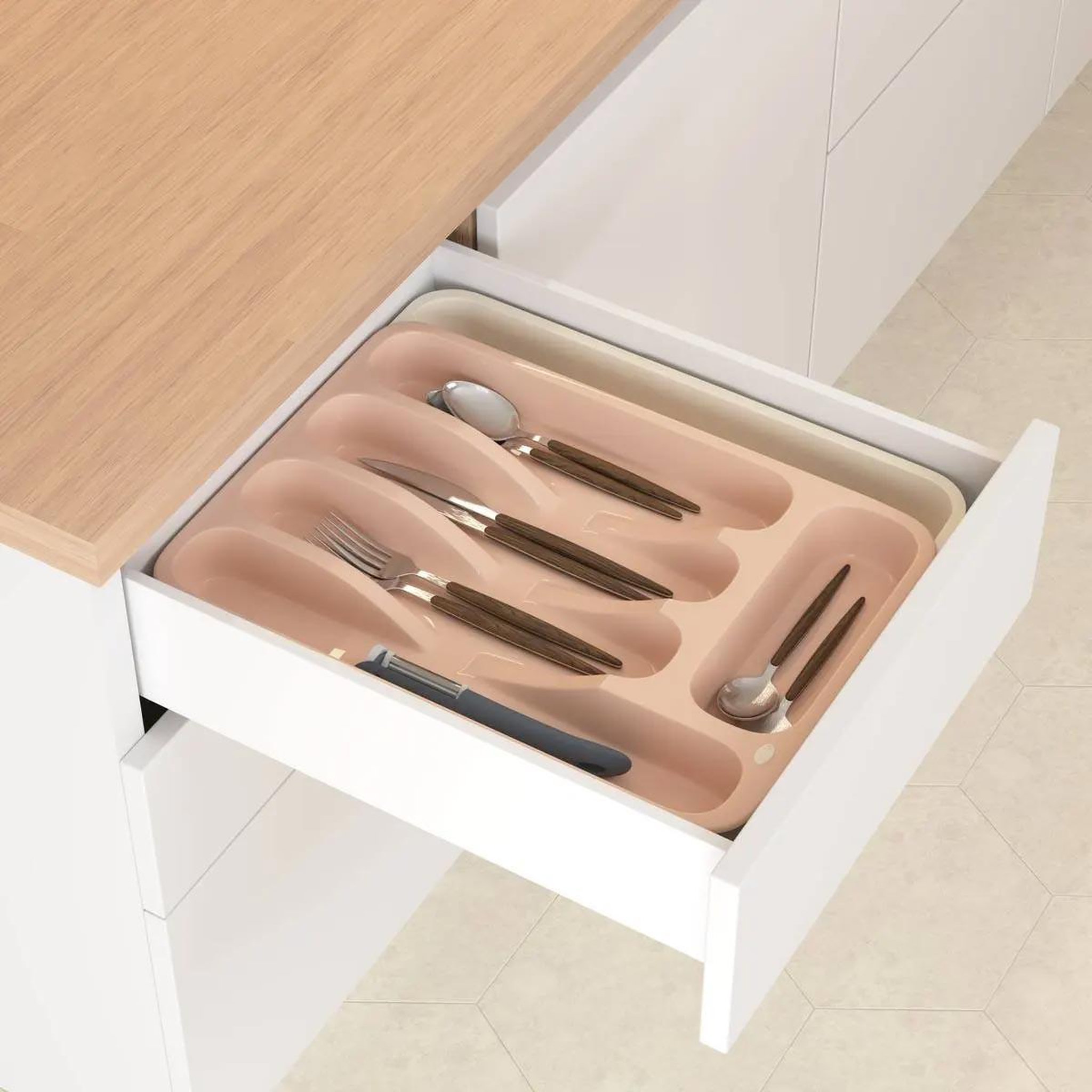 Voir la diapositive 5 : FIVE Range-couverts extensible  poly  28cm rose