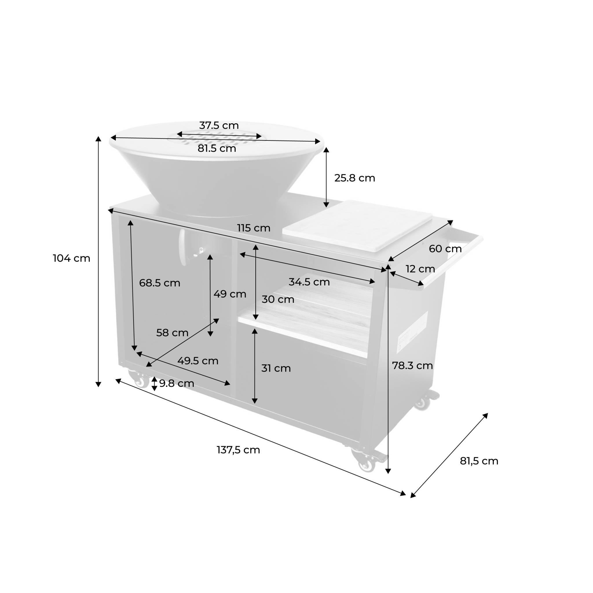 Voir la diapositive 4 : SWEEEK Braséro de cuisson Ø80cm avec grille de cuisson et espace de rangement, L 138 x P 82 x H 114 cm
