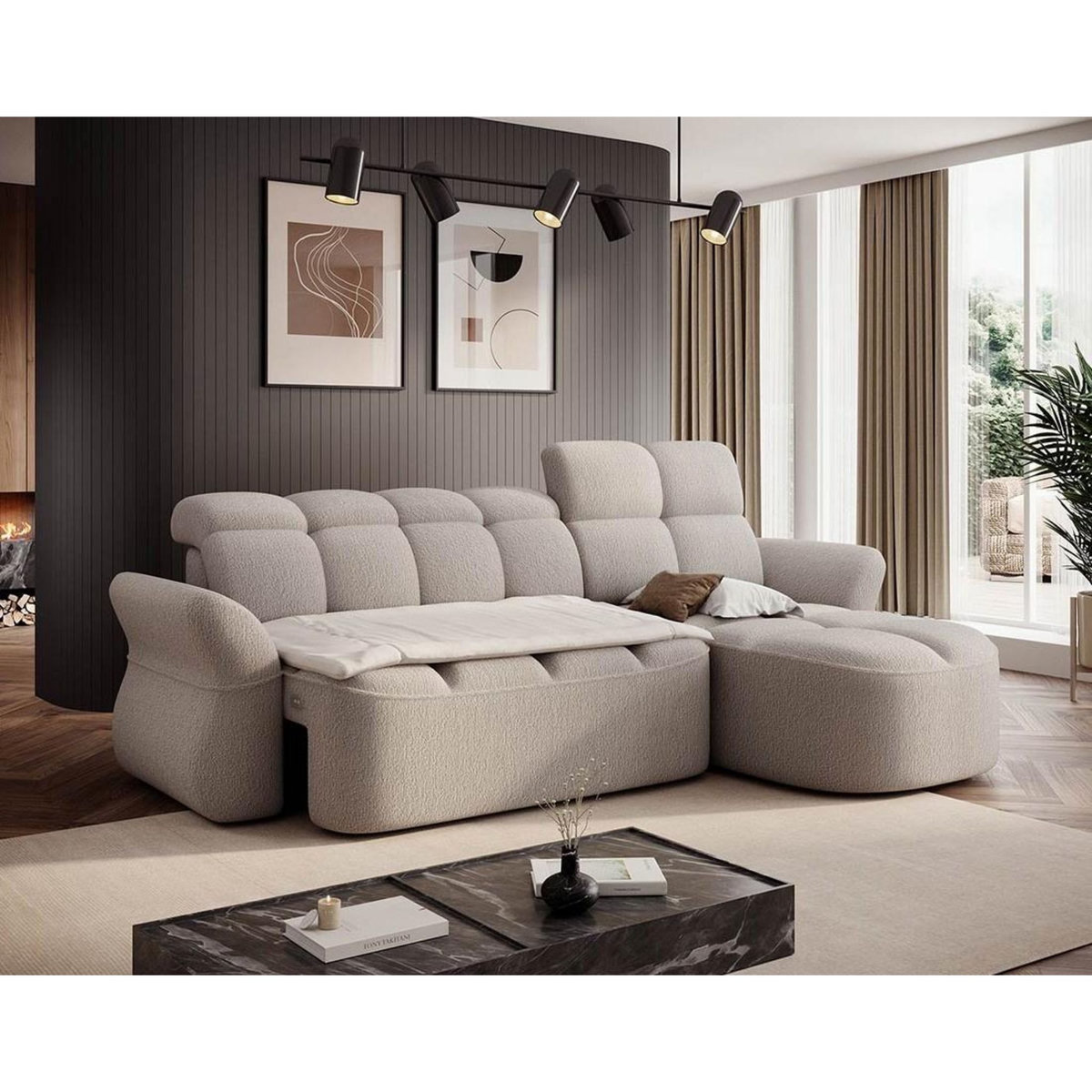 BEST MOBILIER Brume - canapé d'angle droit 4 places convertible électrique avec coffre et têtières réglables en tissu bouclette
