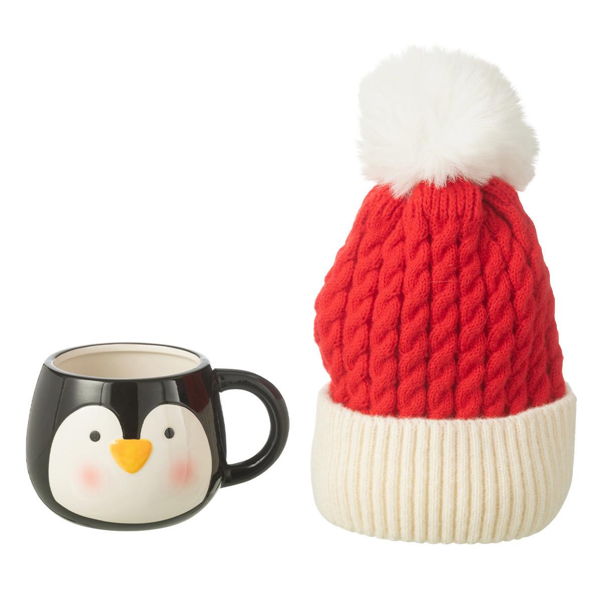 Voir la diapositive 2 : J-LINE Tasse en céramique & bonnet  pingouin  30cm multicolore
