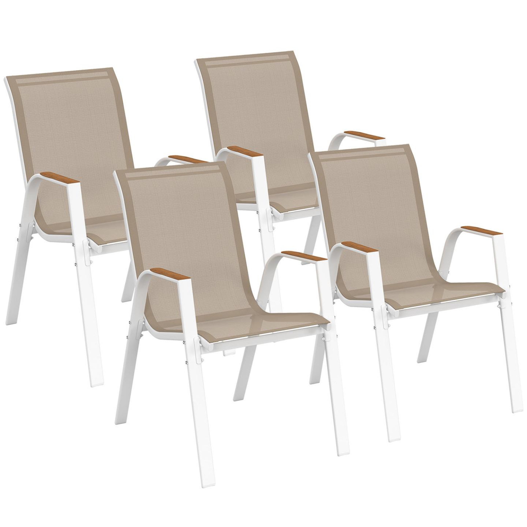 ID MARKET Lot de 4 chaises de jardin noumea métal et textilène empilables blanc et bois