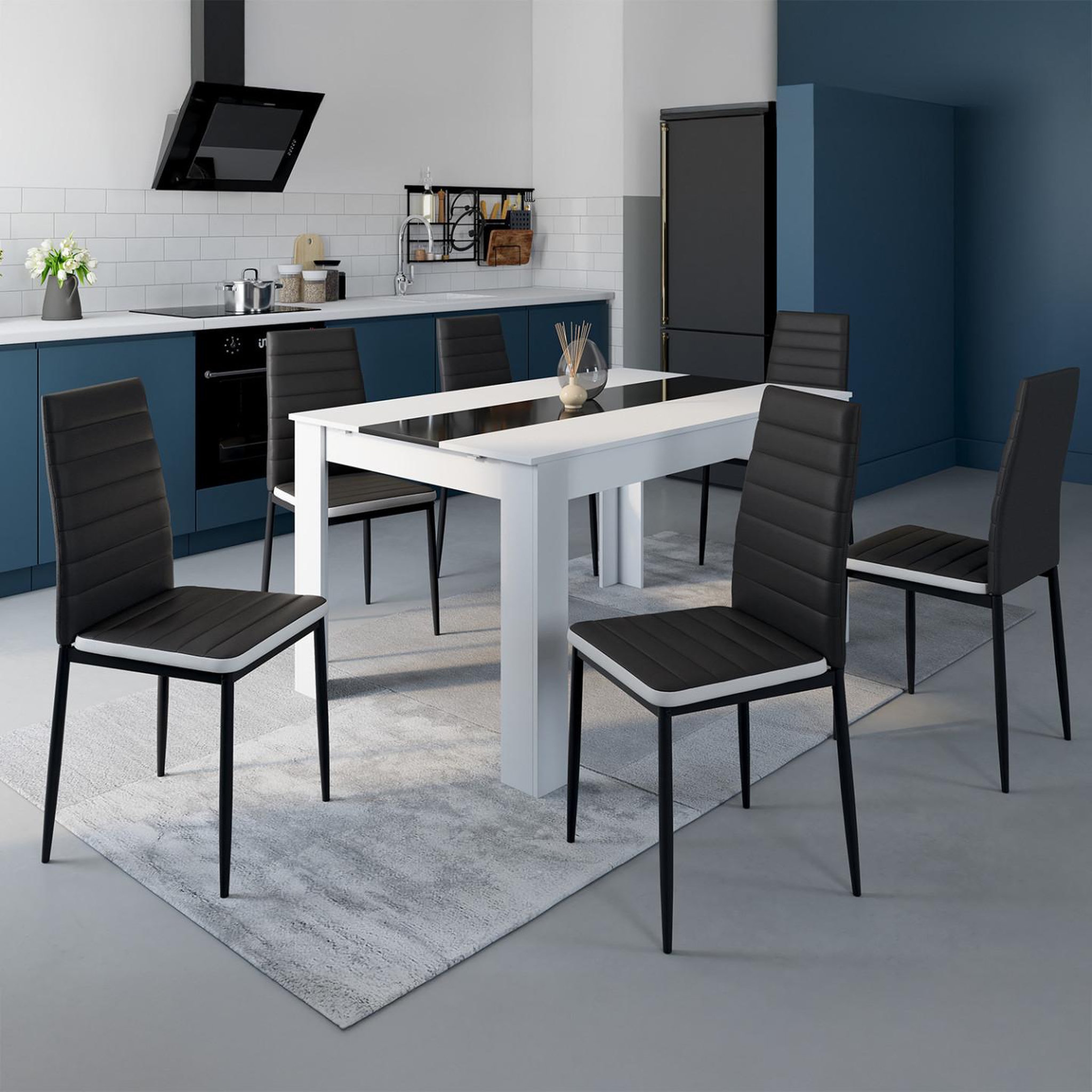 Voir la diapositive 2 : ID MARKET Lot de 6 chaises romane noires bandeau blanc pour salle à manger