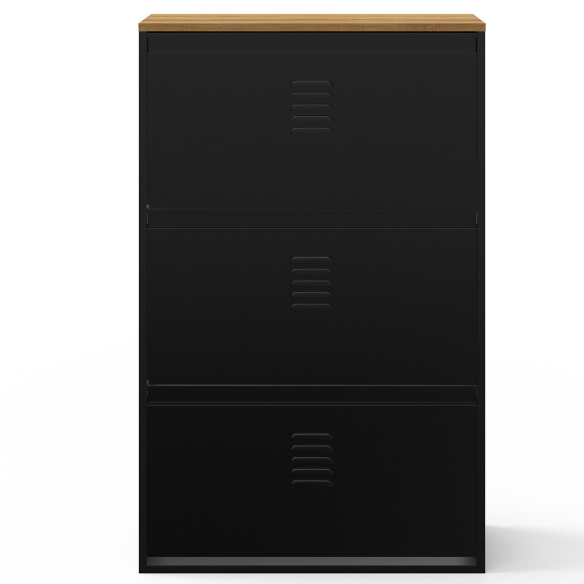 ID MARKET Meuble à chaussures maxi capacité ESTER 3 portes 18 paires métal noir et plateau bois design industriel