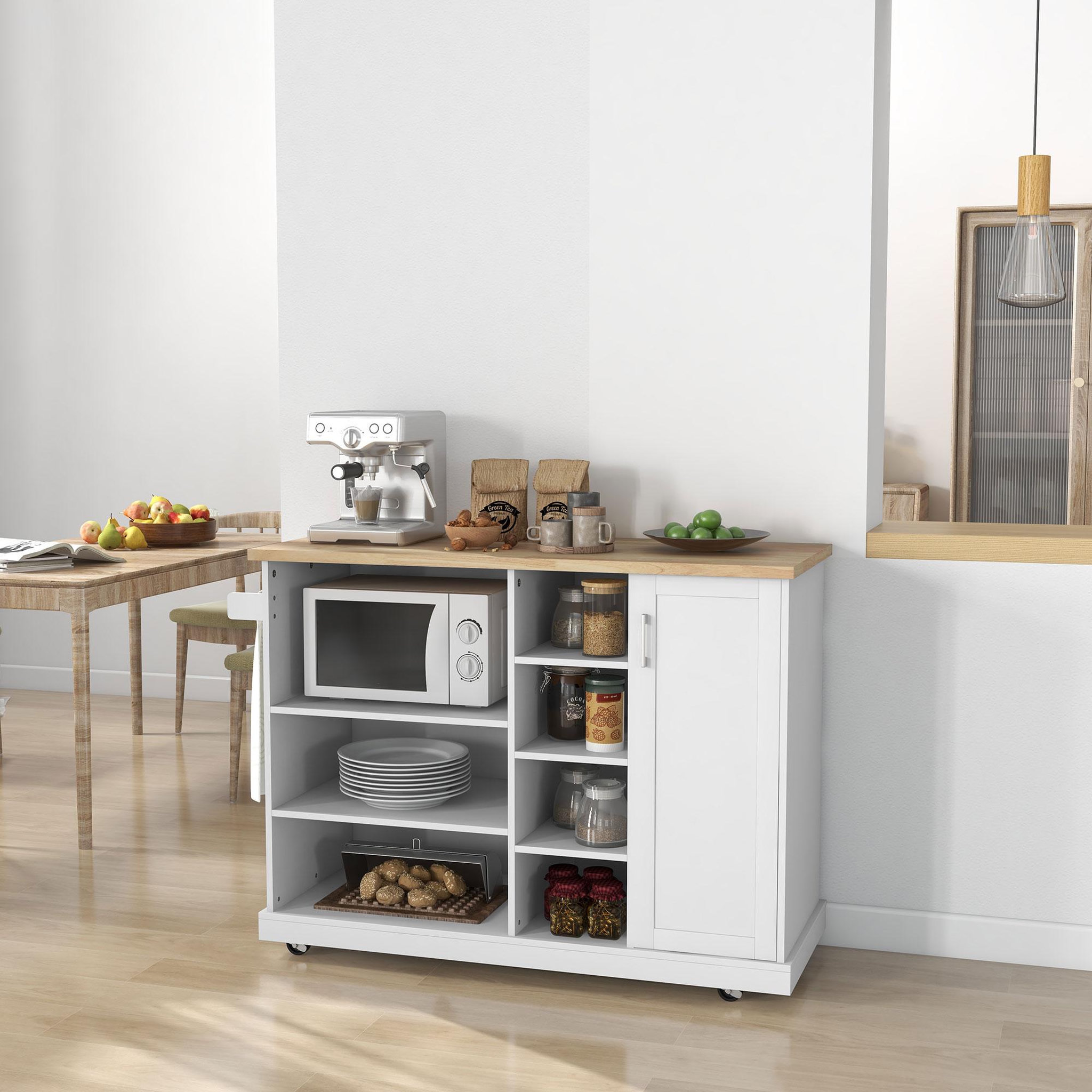 Voir la diapositive 4 : HOMCOM Desserte de cuisine îlot multi-rangement mdf blanc plateau bois hévéa verni