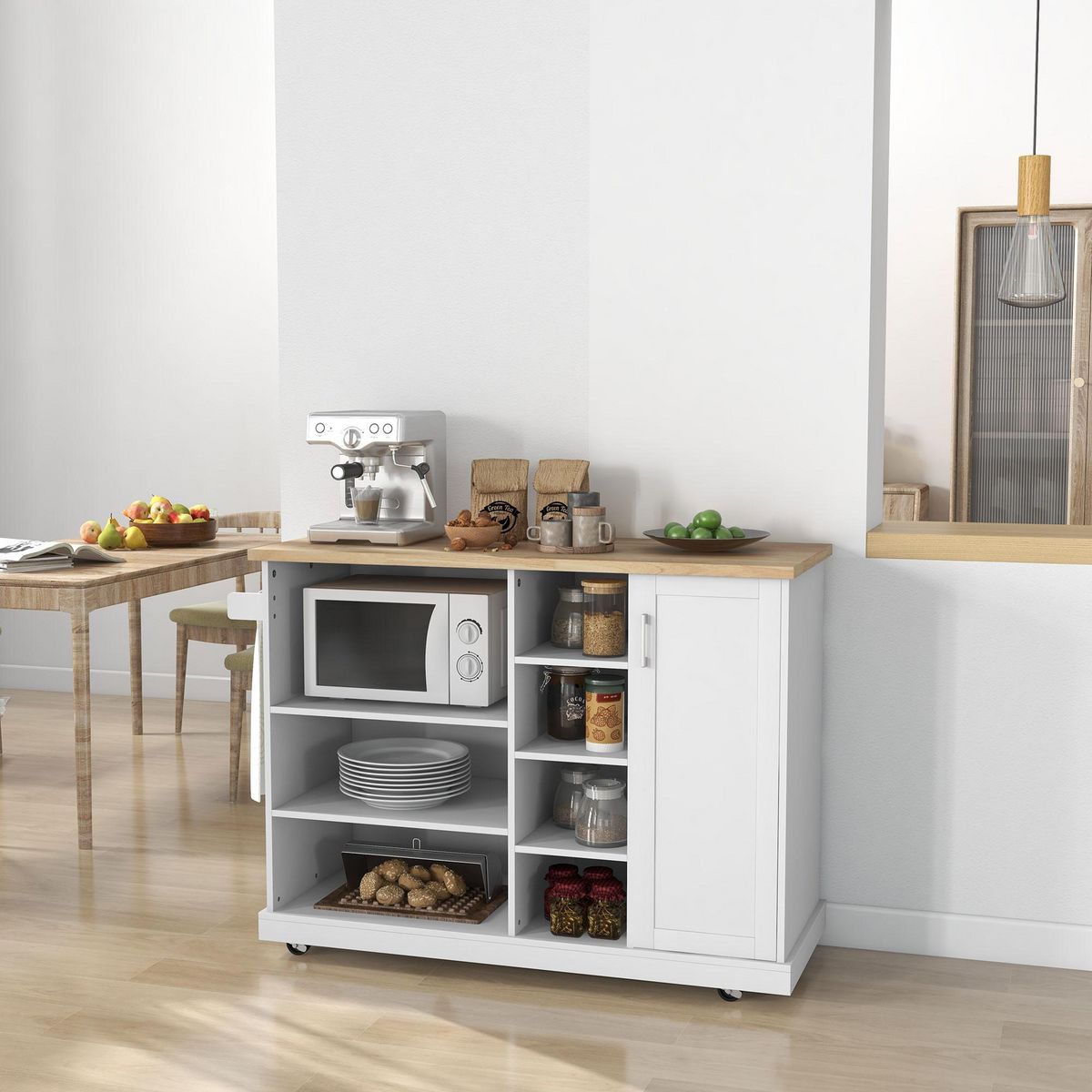 HOMCOM Desserte de cuisine îlot multi-rangement MDF blanc plateau bois hévéa verni