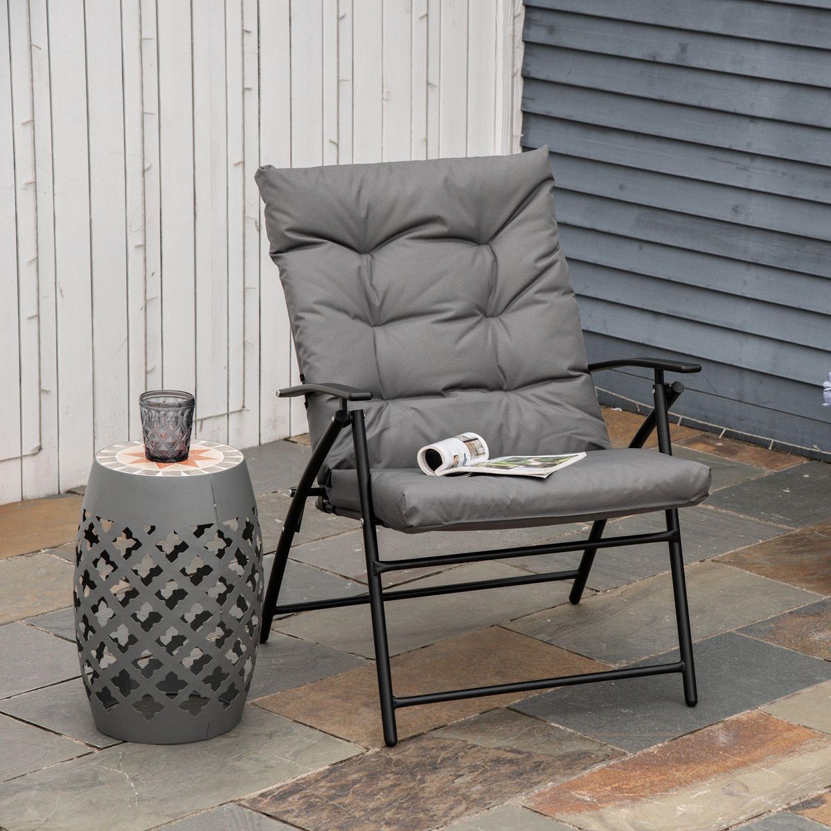 OUTSUNNY Chaise de camping pêche pliable portable haut dossier inclinable épais coussin matelassé inclus gris