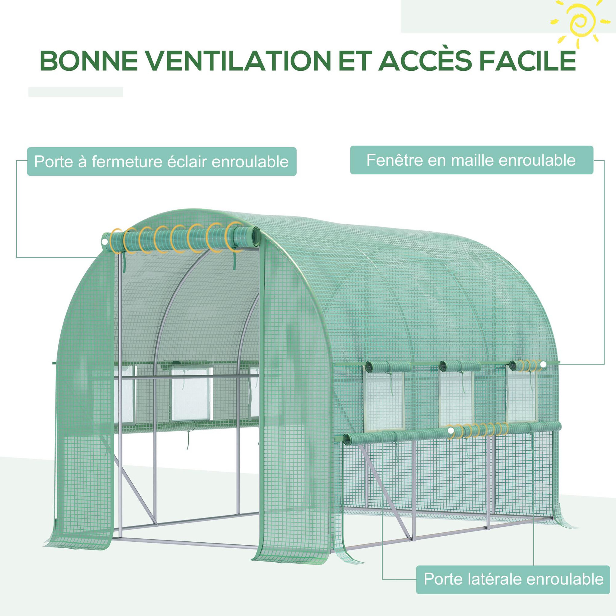 Voir la diapositive 4 : OUTSUNNY Serre de jardin tunnel 6 m² 6 fenêtres porte zippée acier galvanisé pe vert