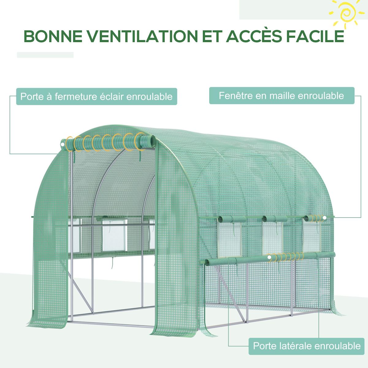 OUTSUNNY Serre de jardin tunnel 6 m² 6 fenêtres porte zippée acier galvanisé PE vert