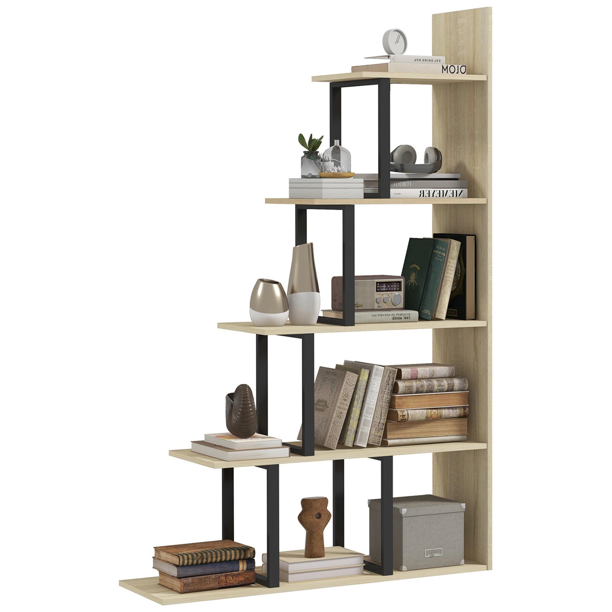 Voir la diapositive 1 : HOMCOM Étagère bibliothèque séparateur de pièce style industriel en escalier 5 étagères acier noir panneaux aspect bois chêne clair