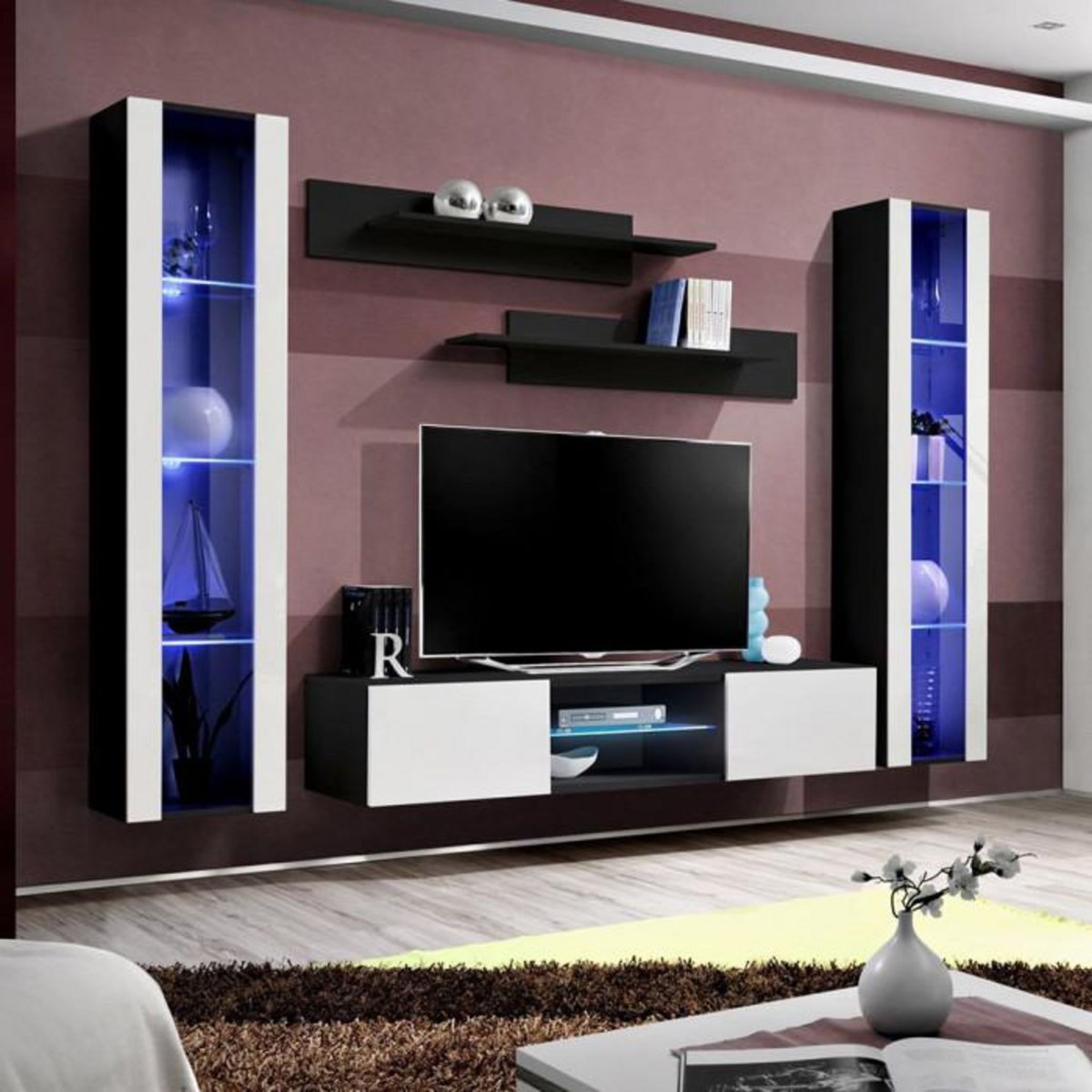 Paris Prix Meuble TV Mural Design  Fly XIX  260cm Blanc & Noir