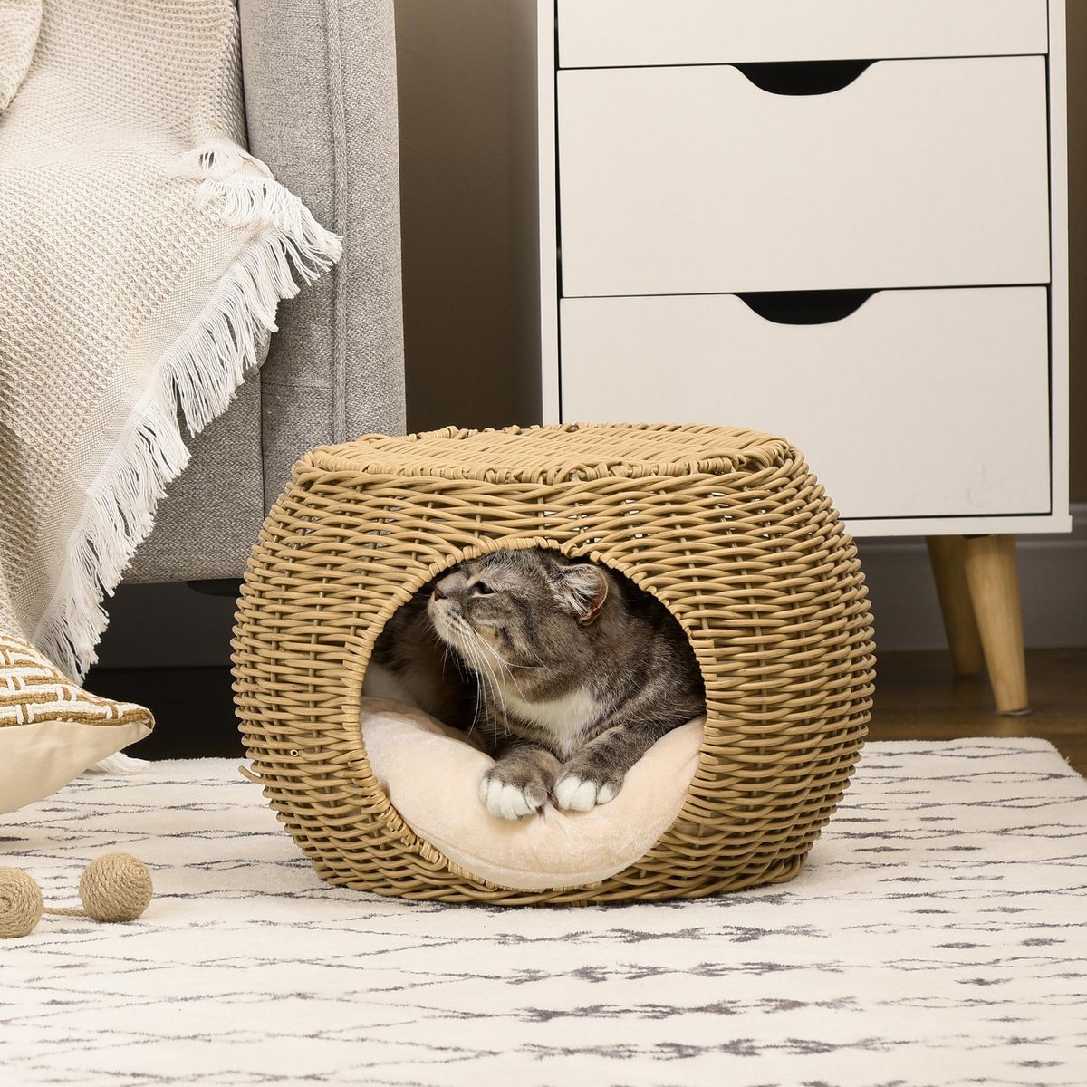 PAWHUT Panier chat lit chat cosy grand confort dim. Ø 40 x 30H cm coussin moelleux inclus polyester résine beige