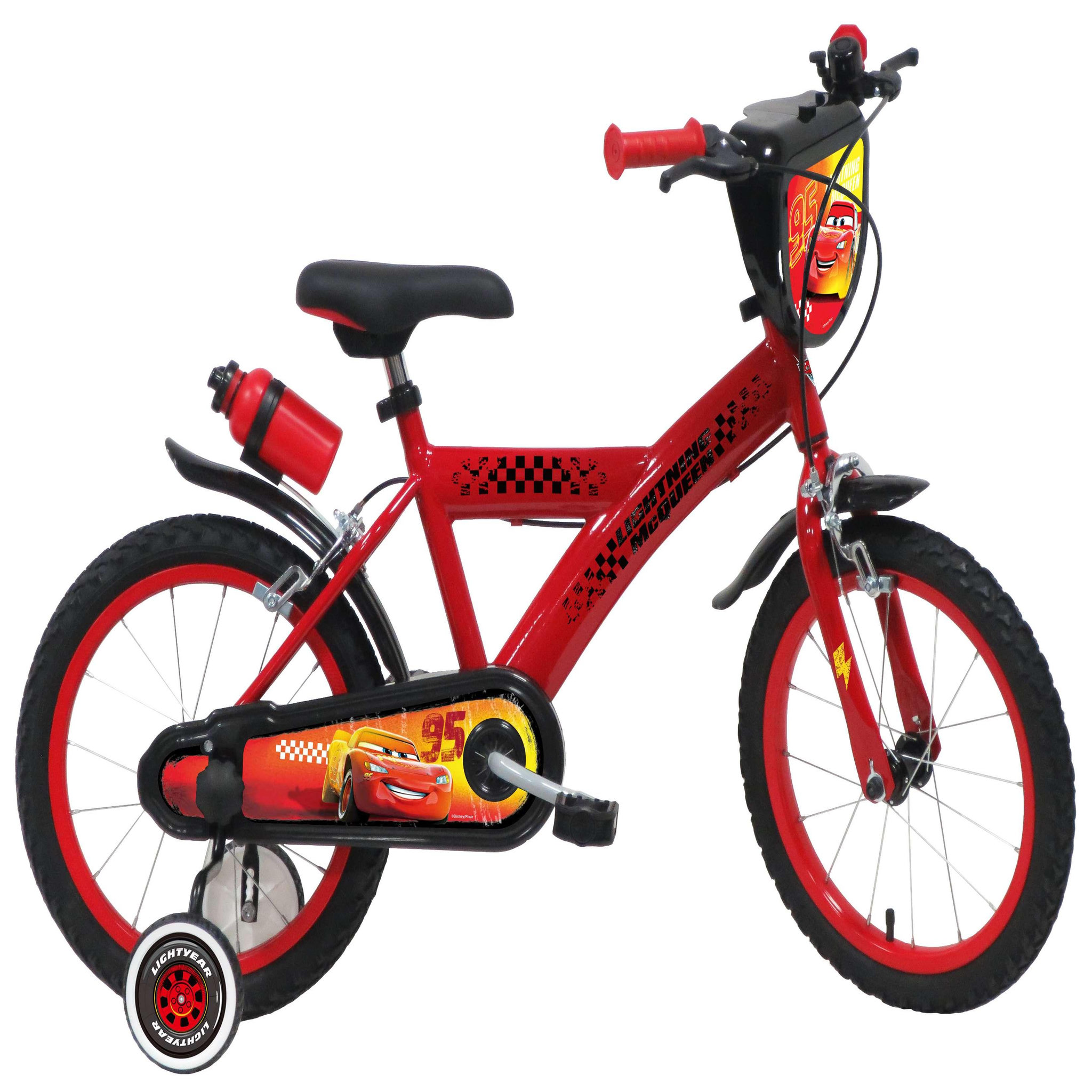 Voir la diapositive 1 : Disney Cars Vélo enfant - Modèle 16'' Cars de Disney  pour enfant de 105/120 cm avec stabilisateurs - Plaque décorative avant - Porte bidon - 2 freins