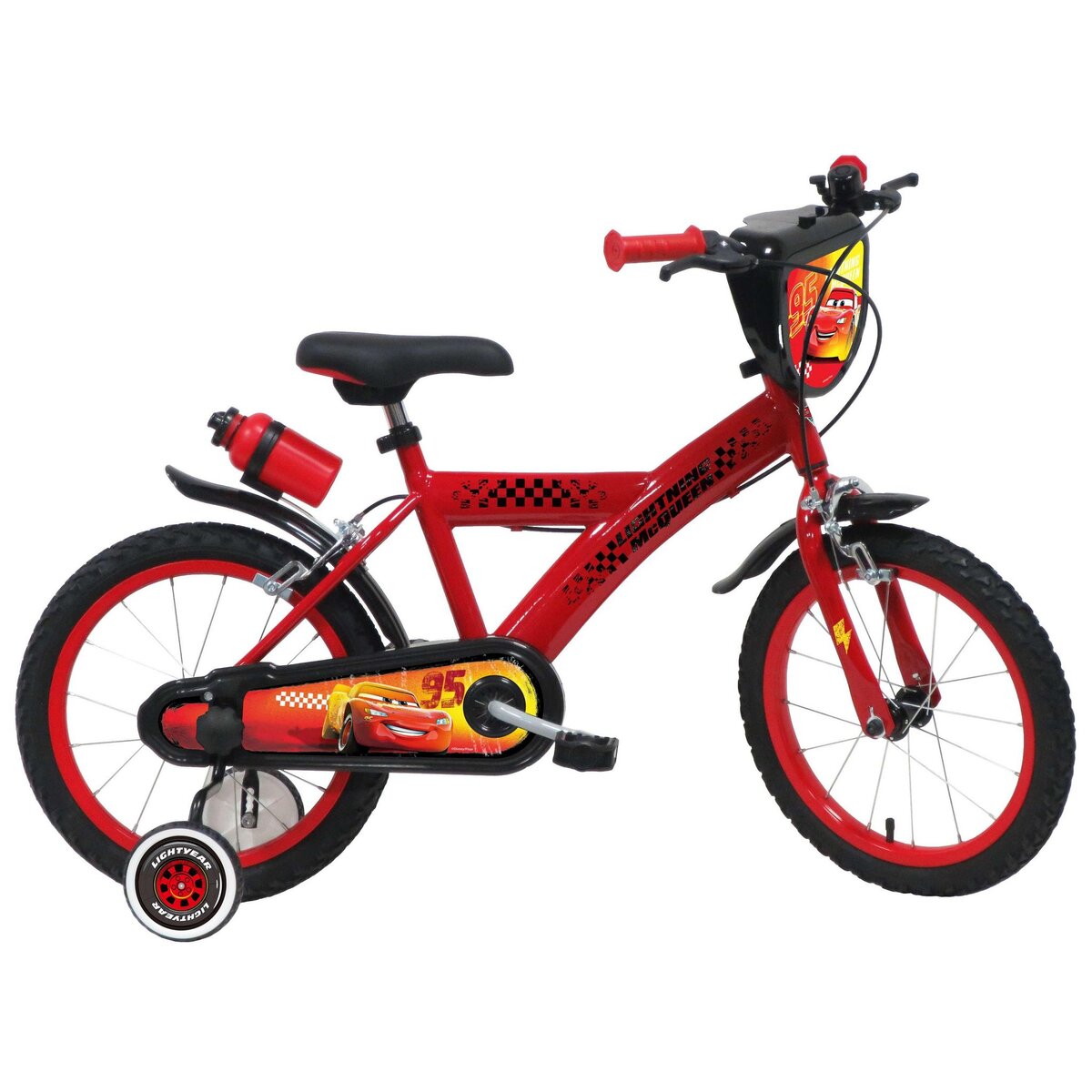 Disney Cars Vélo enfant - Modèle 16'' Cars de Disney  pour enfant de 105/120 cm avec stabilisateurs - Plaque décorative avant - Porte bidon - 2 freins