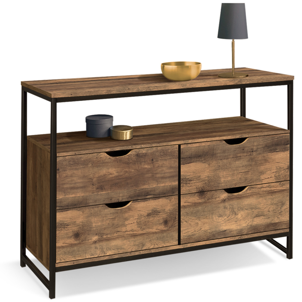 ID MARKET Commode 4 tiroirs HAWKINS 110 cm bois foncé design industriel avec étagère