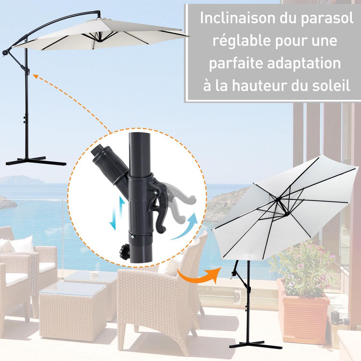 OUTSUNNY Parasol déporté octogonal inclinable manivelle pied acier Ø 3 x 2,5H m crème