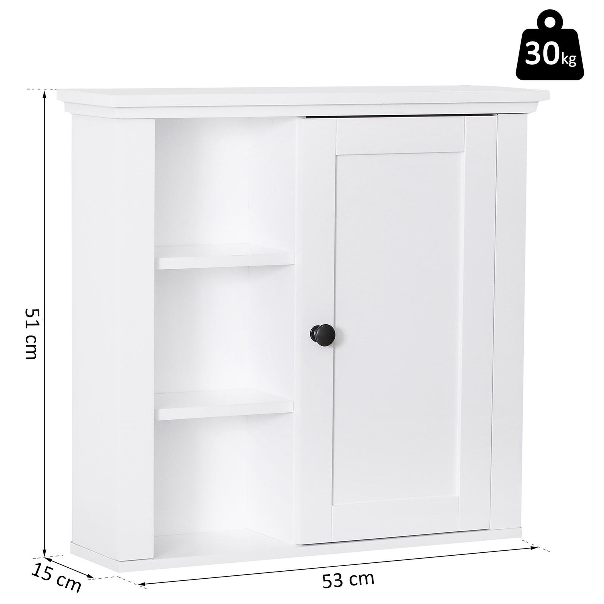 Voir la diapositive 3 : HOMCOM Armoire haute murale de salle de bain ou wc placard 1 porte 3 niches dim. 53l x 14,5l x 50,5h cm mdf panneaux particules blanc