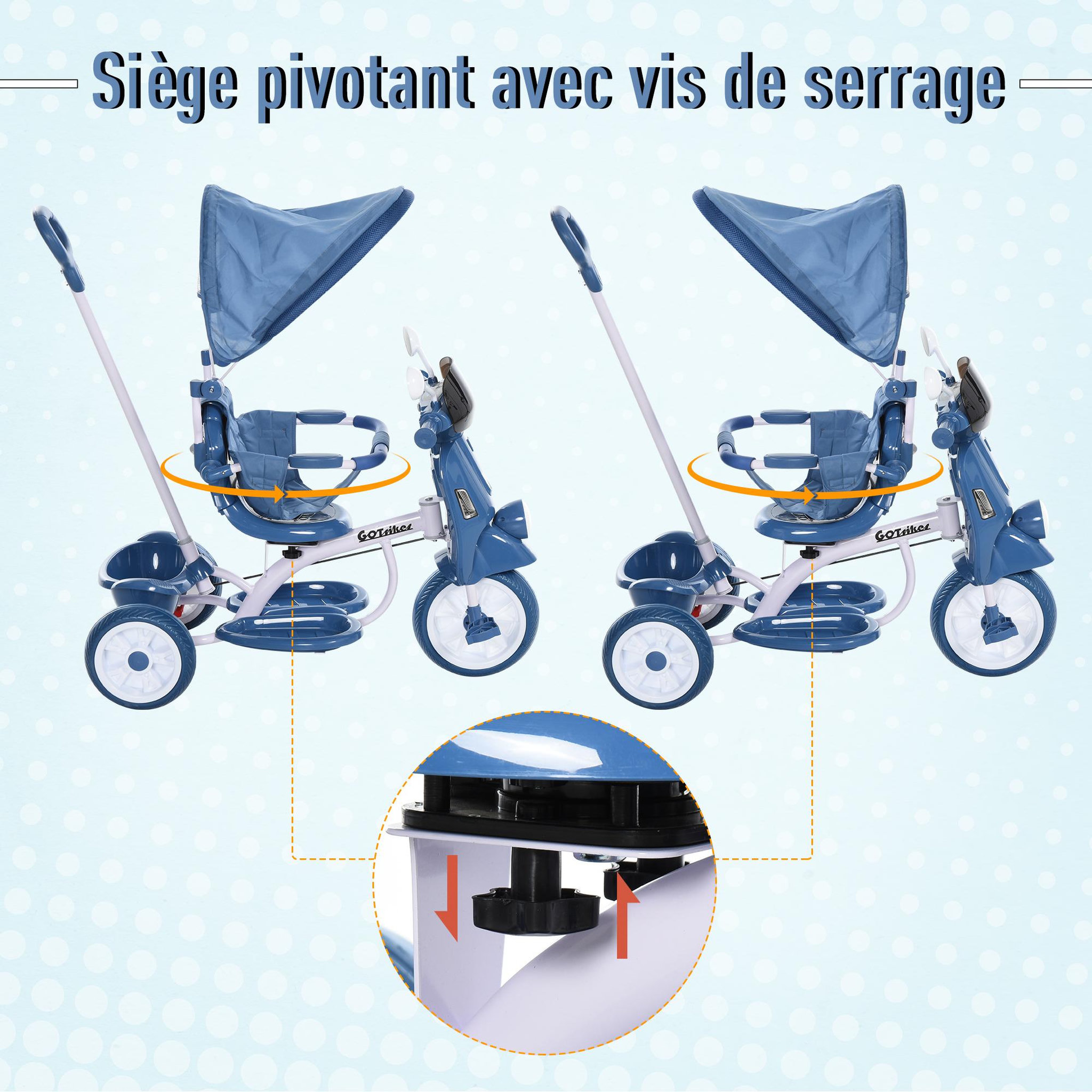 Voir la diapositive 6 : HOMCOM Tricycle enfants évolutif canne, pare-soleil pliable amovible effets lumineux sonores métal blanc PP bleu