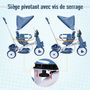 Voir la diapositive 6 : HOMCOM Tricycle enfants évolutif canne, pare-soleil pliable amovible effets lumineux sonores métal blanc PP bleu