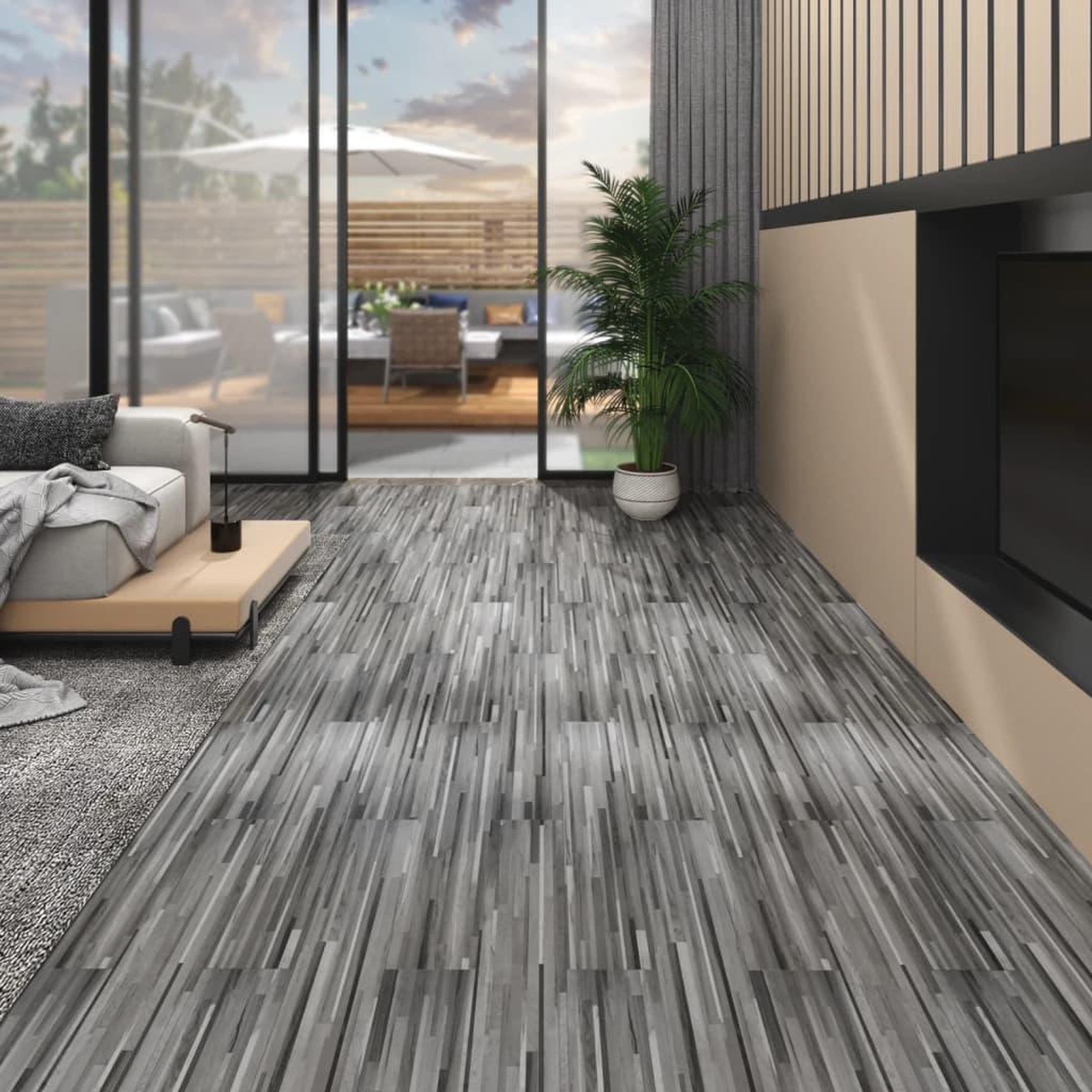 Voir la diapositive 1 : VIDAXL Planches de plancher PVC 5,02 m^2 2 mm Autoadhesif Gris raye