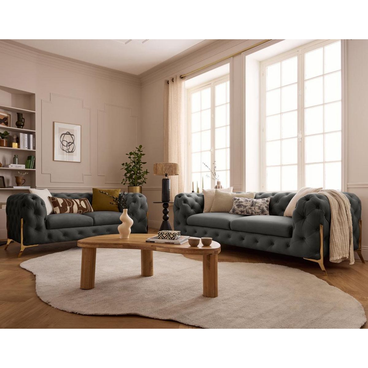 LISA DESIGN Camden - canapé 2 places chesterfield en velours - pieds en métal doré