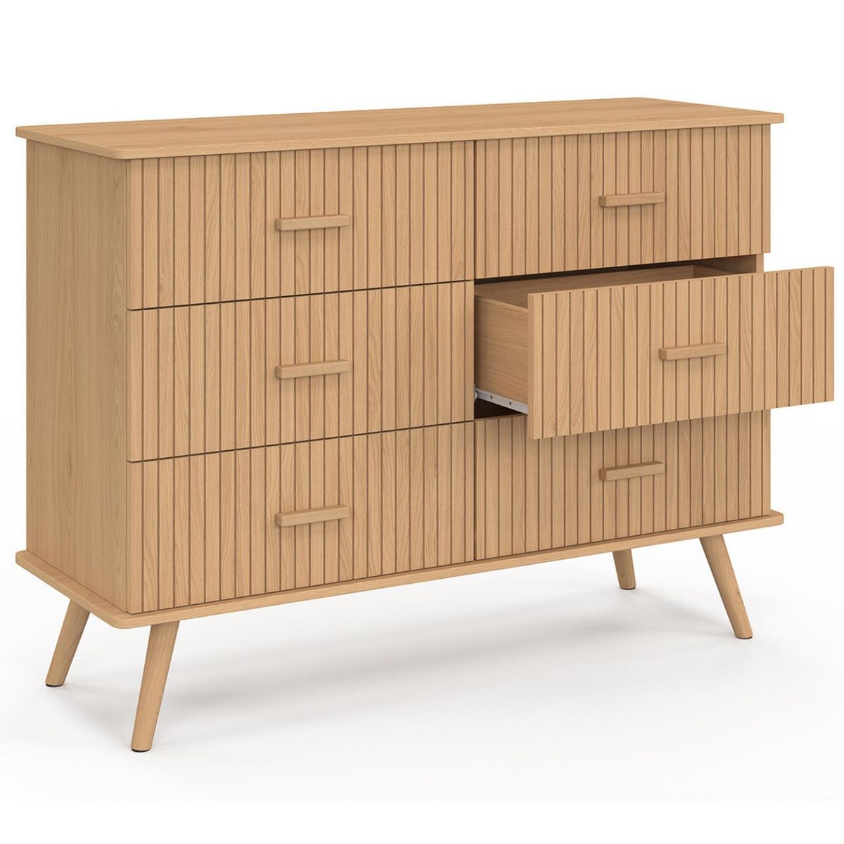 ID MARKET Commode 6 tiroirs JULIETTE 110 cm effet lattes tasseau bois coloris chêne