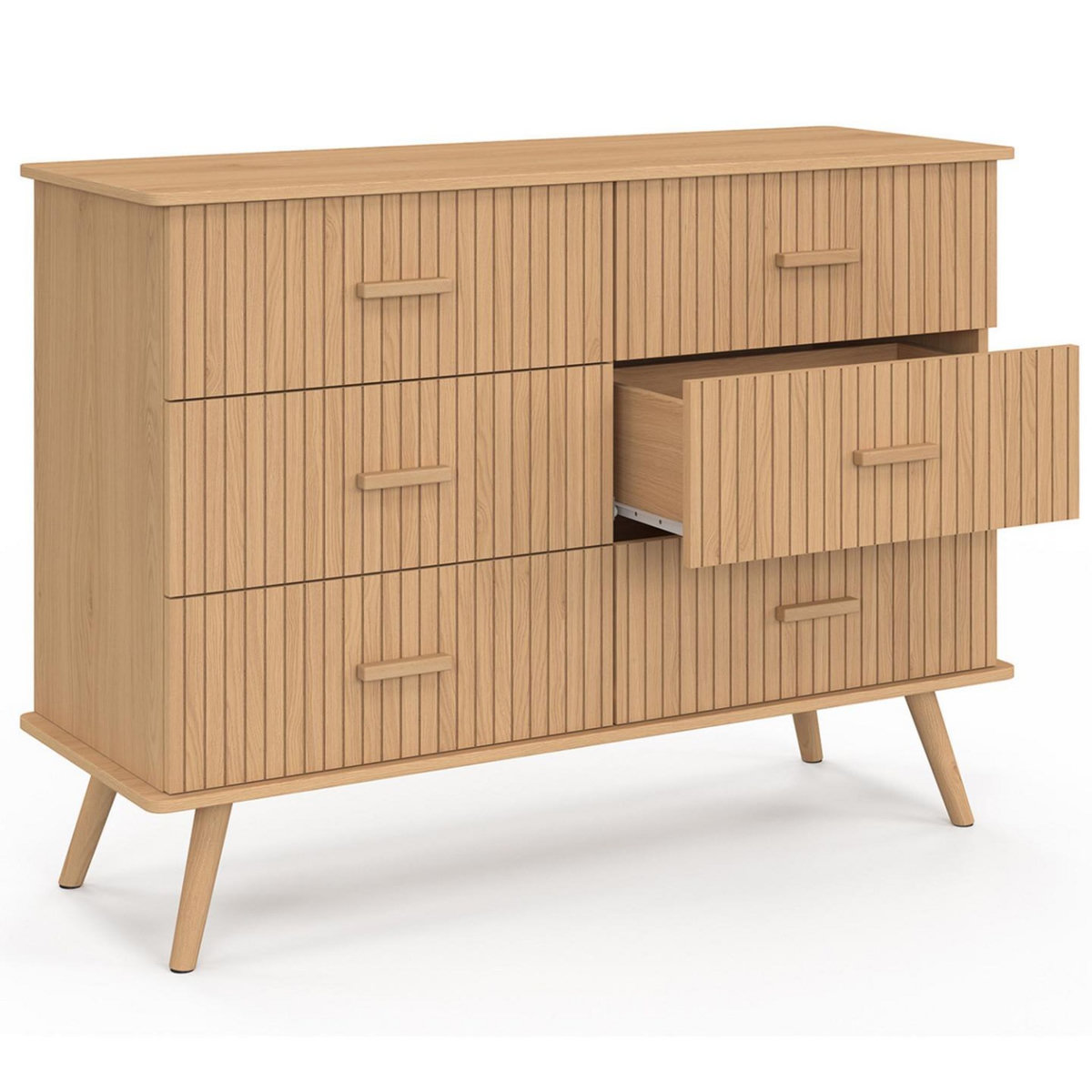 ID MARKET Commode 6 tiroirs JULIETTE 110 cm effet lattes tasseau bois coloris chêne