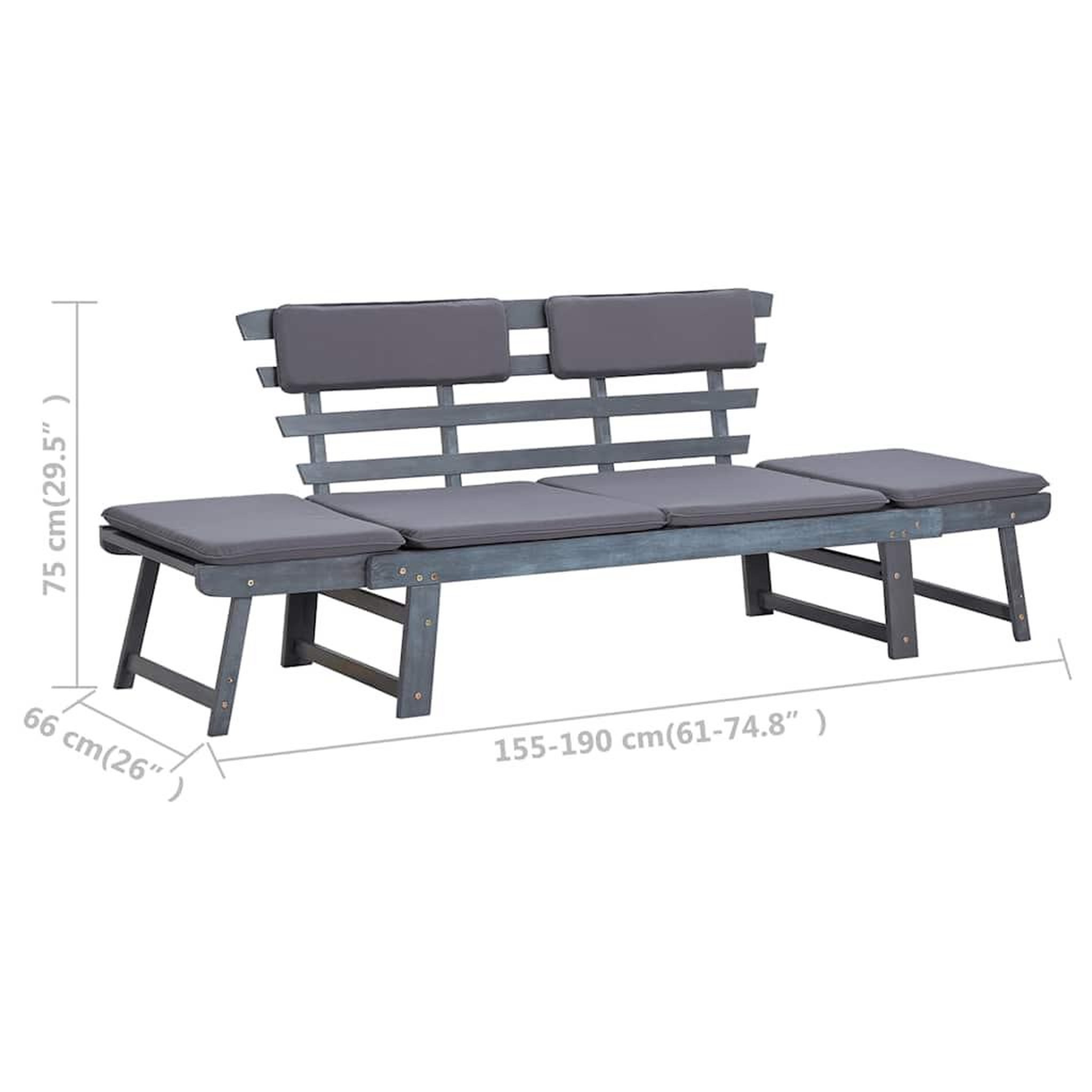 Voir la diapositive 6 : VIDAXL Banc de jardin avec coussins 2-en-1 190 cm Gris Bois d'acacia