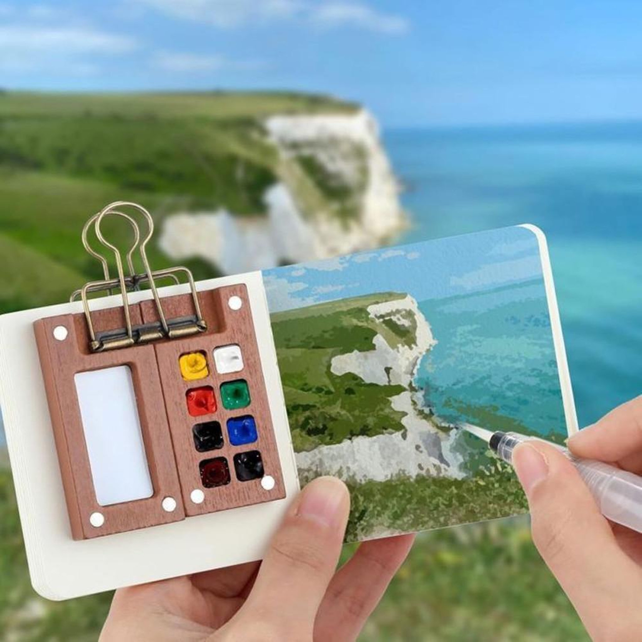 Voir la diapositive 5 : Kit palette portable aquarelle gouache 8 couleurs en bois de noyer avec pinceau à réservoir rechargeable et carnet de croquis 300 g/m²