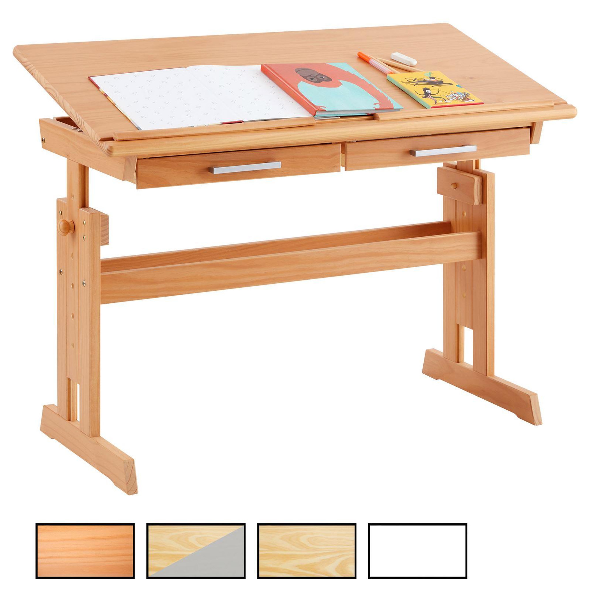 IDIMEX Bureau enfant OLIVIA, en pin massif, réglable en hauteur et plateau inclinable. Coloris disponibles : Blanc, Bicolore, Marron