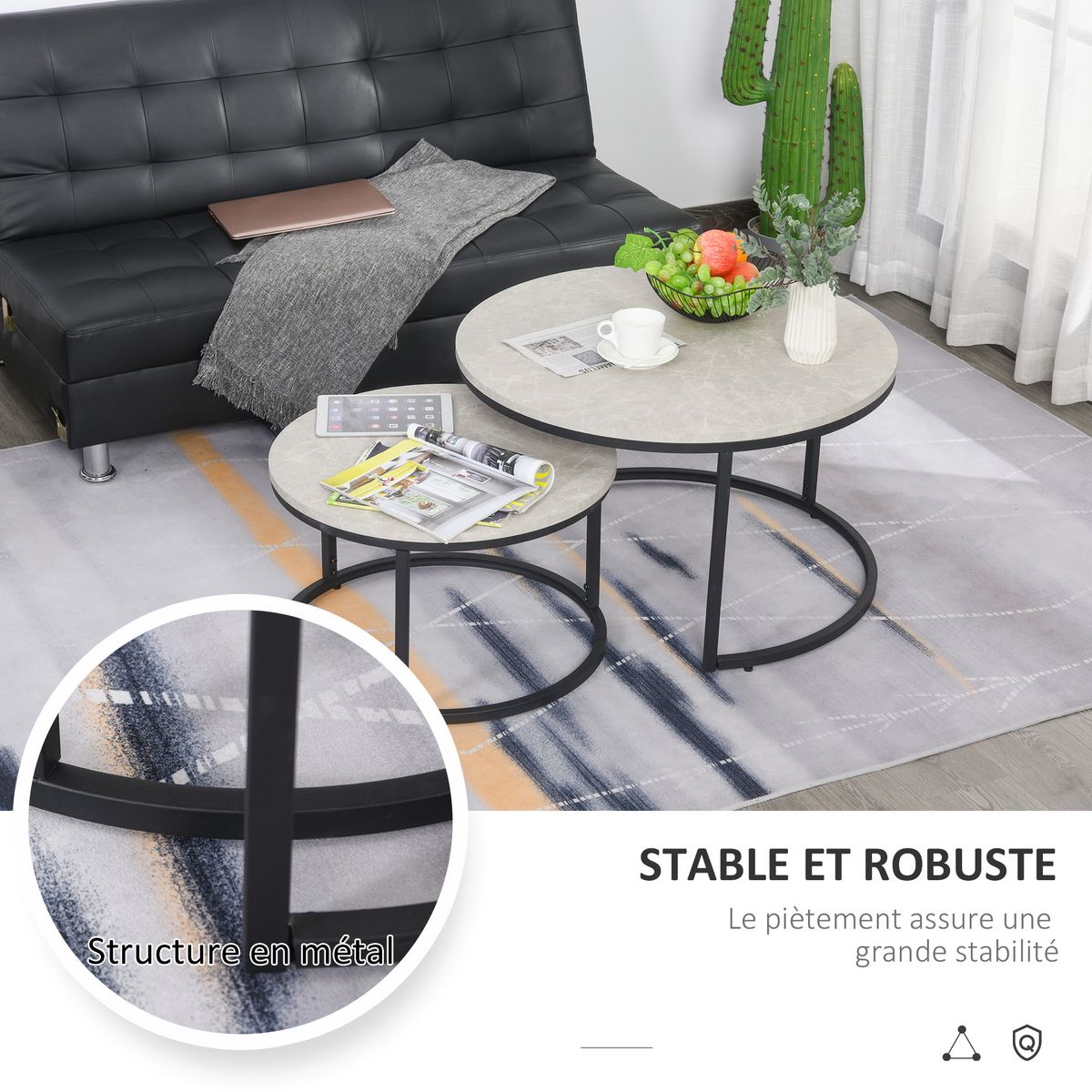 HOMCOM Lot de 2 tables basses rondes gigogne empilables plateau MDF gris et pieds en métal noir