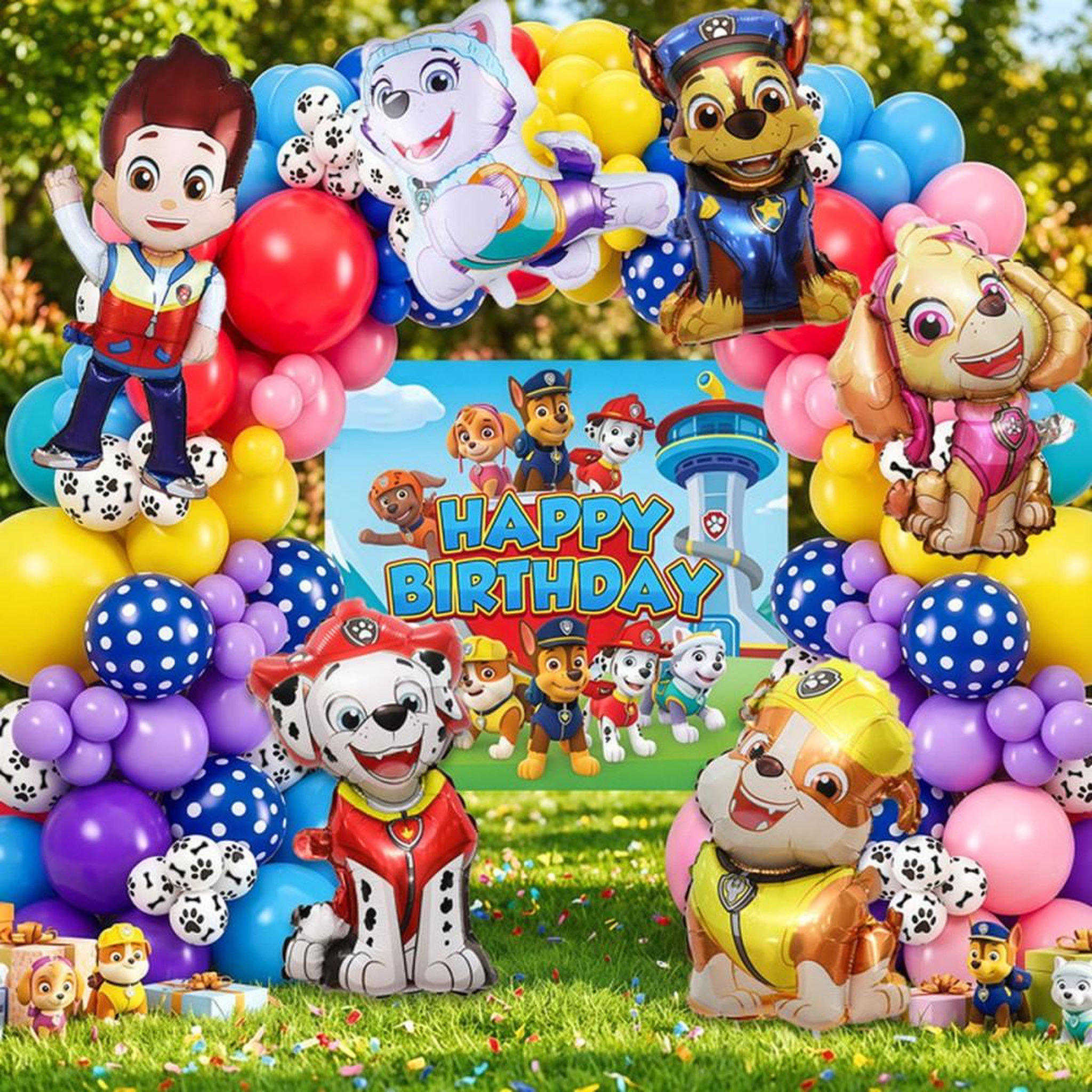 Voir la diapositive 4 : Kit décoration ballons anniversaire Paw Patrol 92 pièces avec ballons à motifs et ballons unis