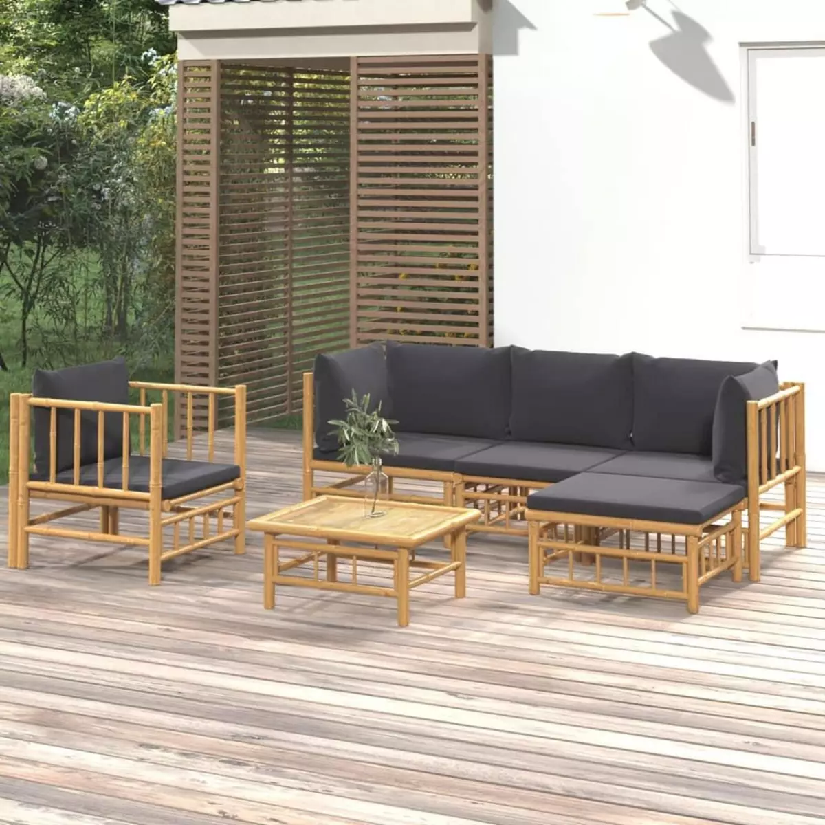 VIDAXL Salon de jardin 6 pcs avec coussins gris fonce bambou