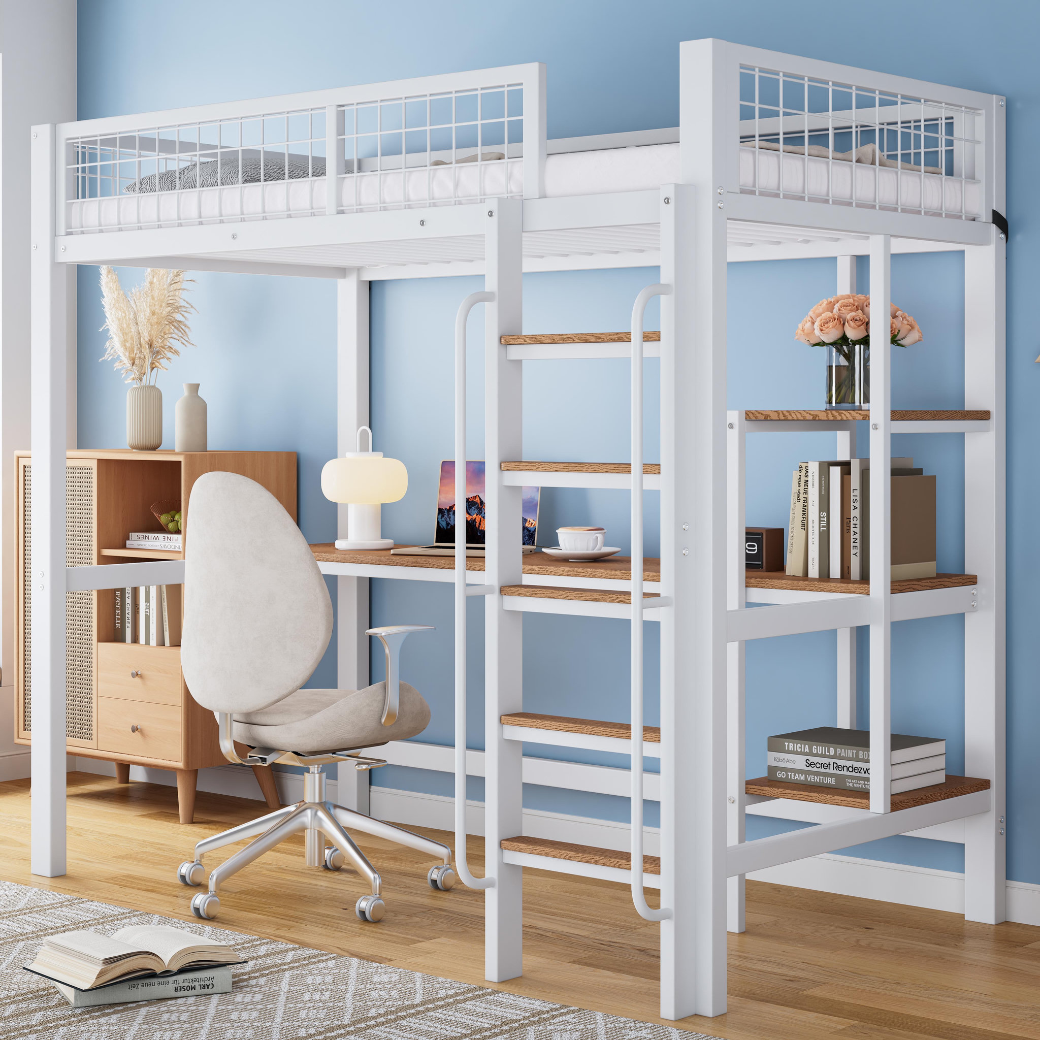Voir la diapositive 4 : MERAX Lit mezzanine 90x200cm métal et bois coloris blanc