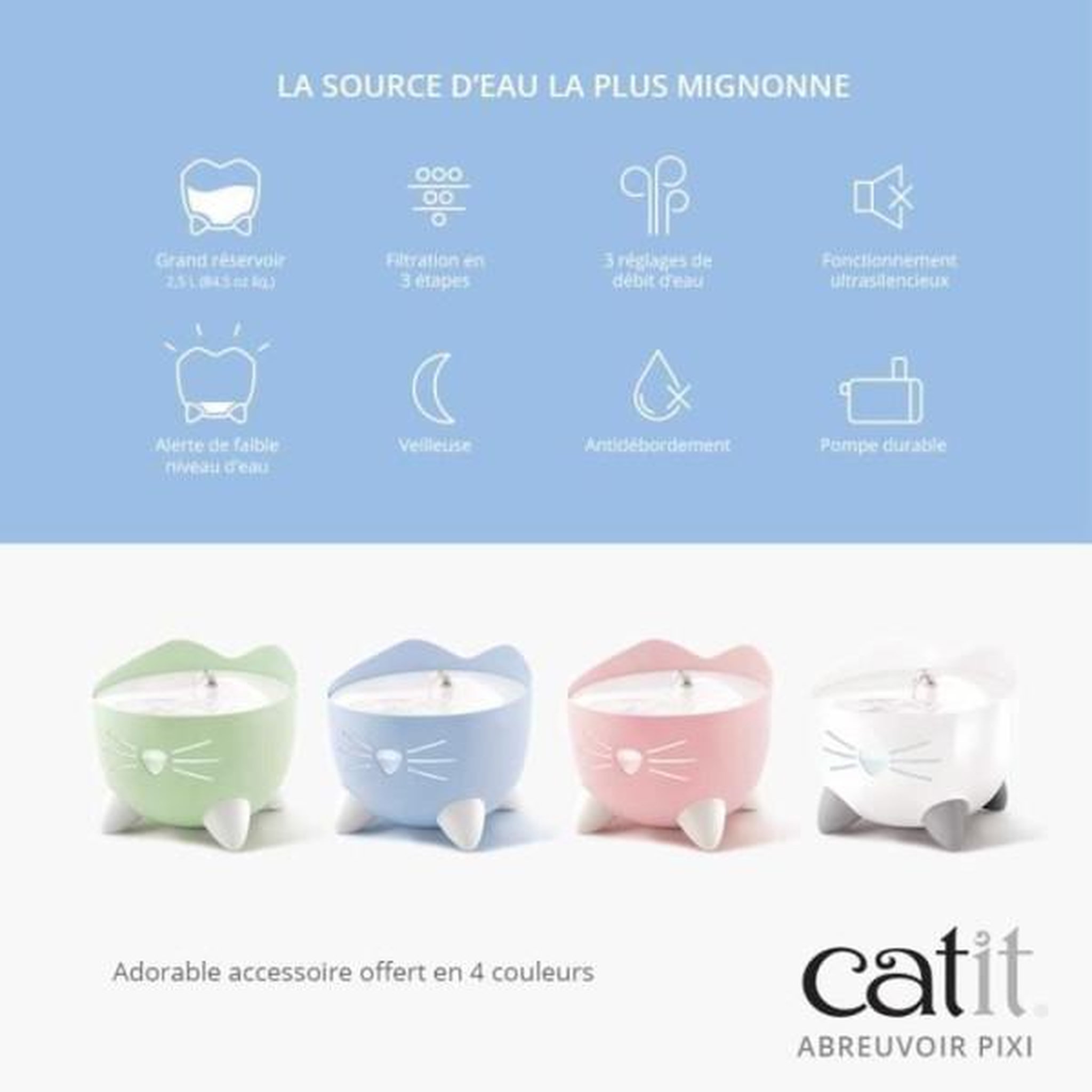 Voir la diapositive 2 : MARKET24 CAT IT Fontaine a eau automatique pour chat - 2,5 L - Bleu