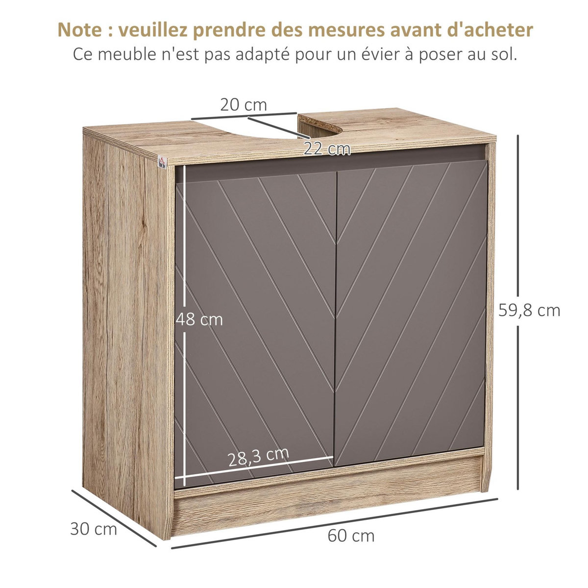 HOMCOM Meuble salle de bain - meuble sous-vasque - placard 2 portes avec étagère - dim. 60L x 30l x 59H cm - panneaux particules chêne clair gris