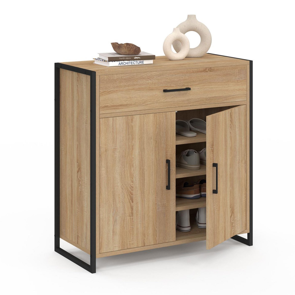 ID MARKET Armoire à chaussures 12 paires LUIS 2 portes avec tiroir design industriel