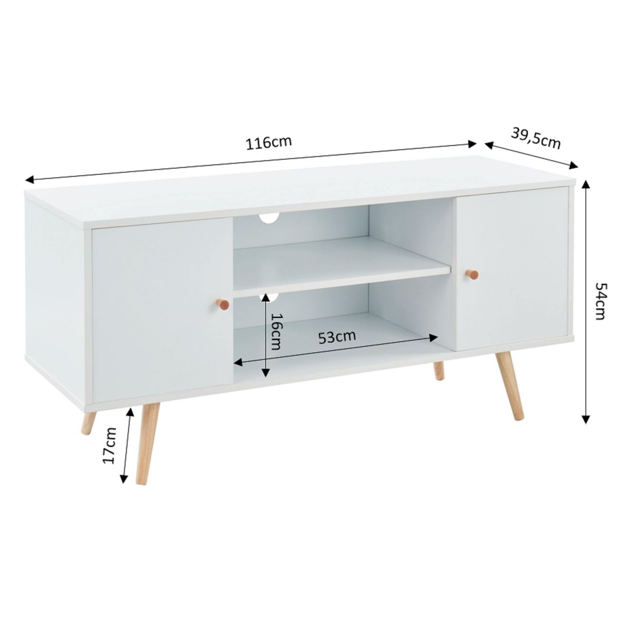Meuble TV  2 portes pieds bois massif L116cm MALMO