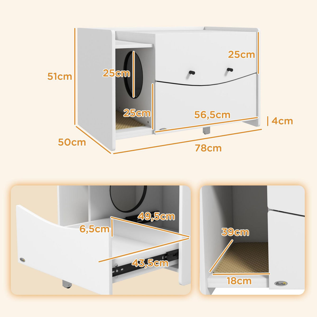 PAWHUT Maison de toilette pour chat - meuble cache litière - compartiment coulissant, aérations, tapis de fuite - blanc