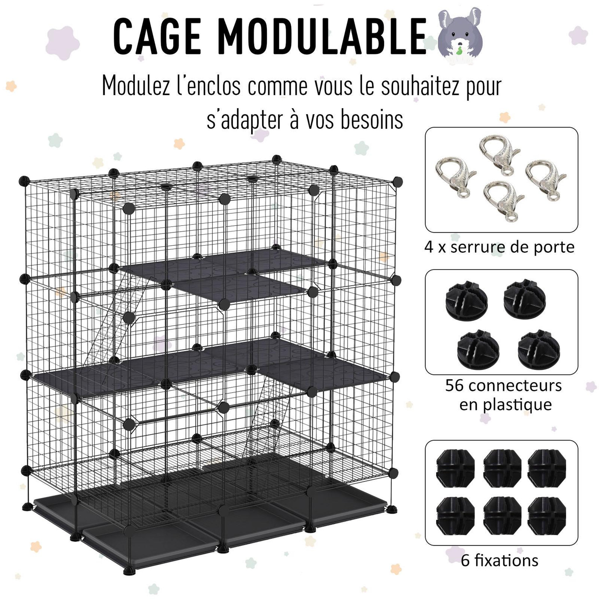 Voir la diapositive 6 : PAWHUT Cage parc enclos rongeurs modulable dim. L 111 x l 75 x H 119 cm 3 niveaux 4 portes fil métallique noir