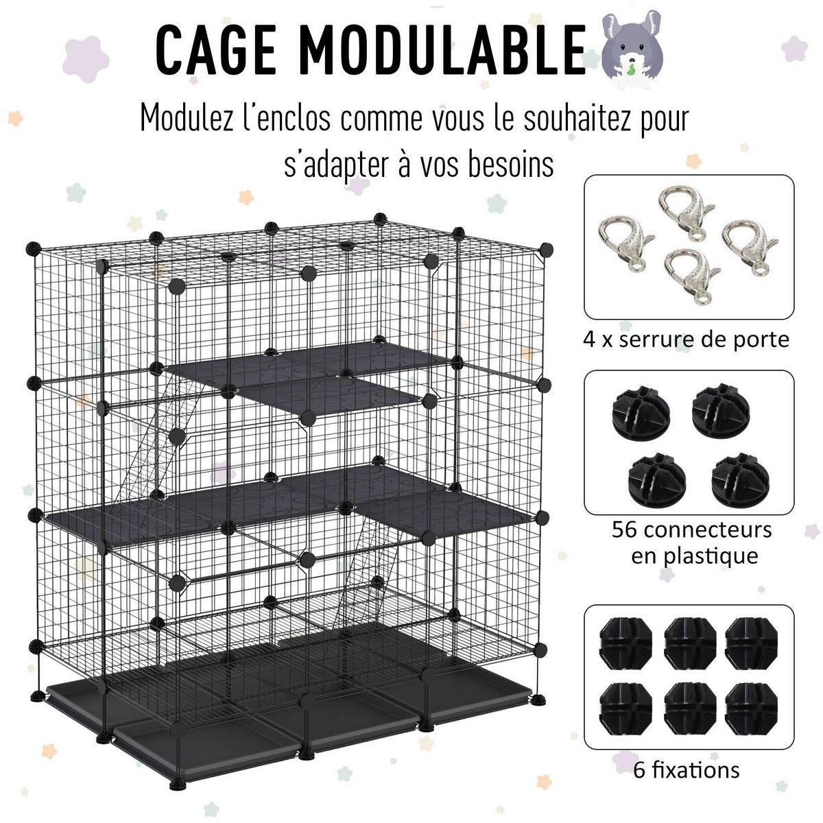 PAWHUT Cage parc enclos rongeurs modulable dim. L 111 x l 75 x H 119 cm 3 niveaux 4 portes fil métallique noir
