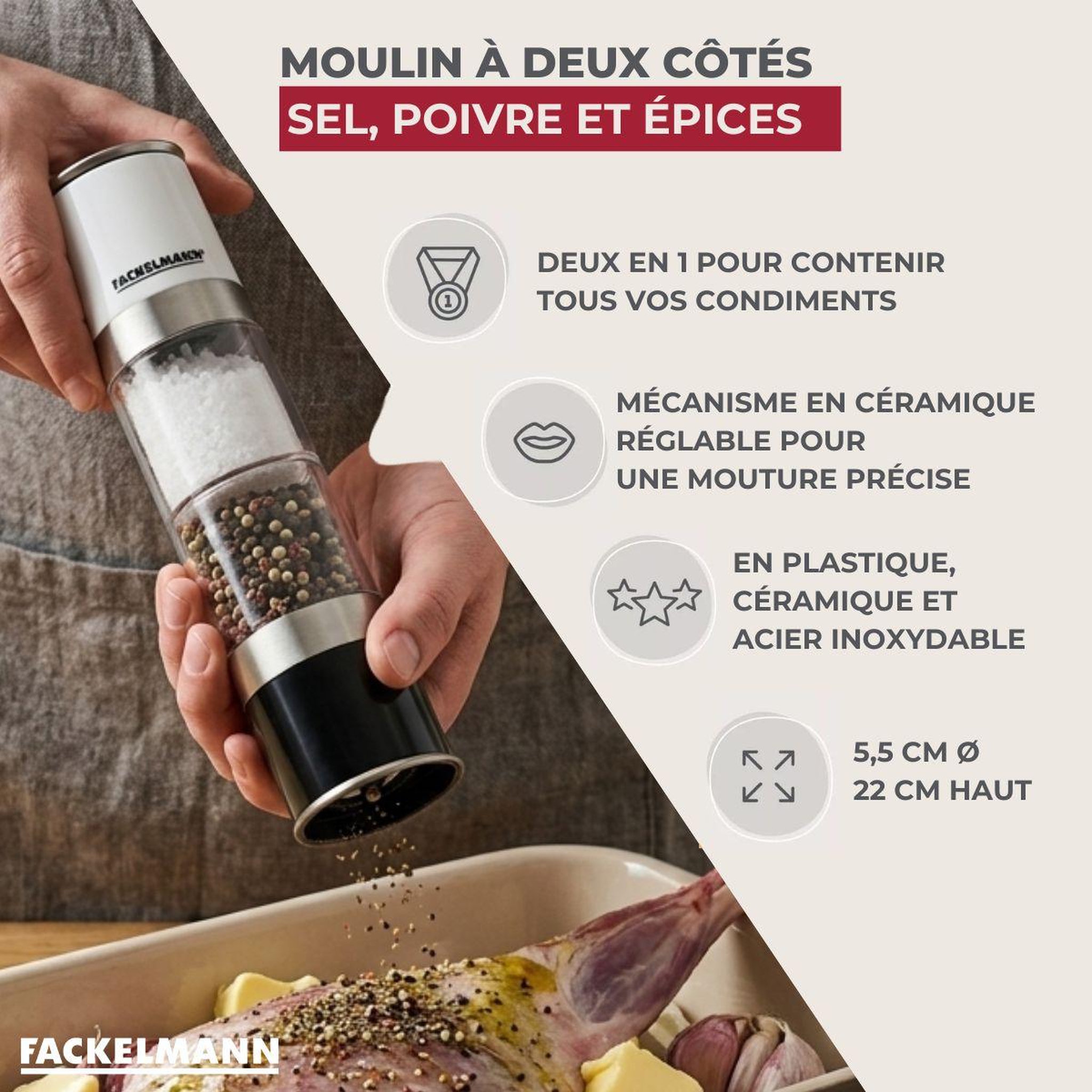 Voir la diapositive 3 : Fackelmann Moulin 2 en 1 à sel et à poivre fackelmann